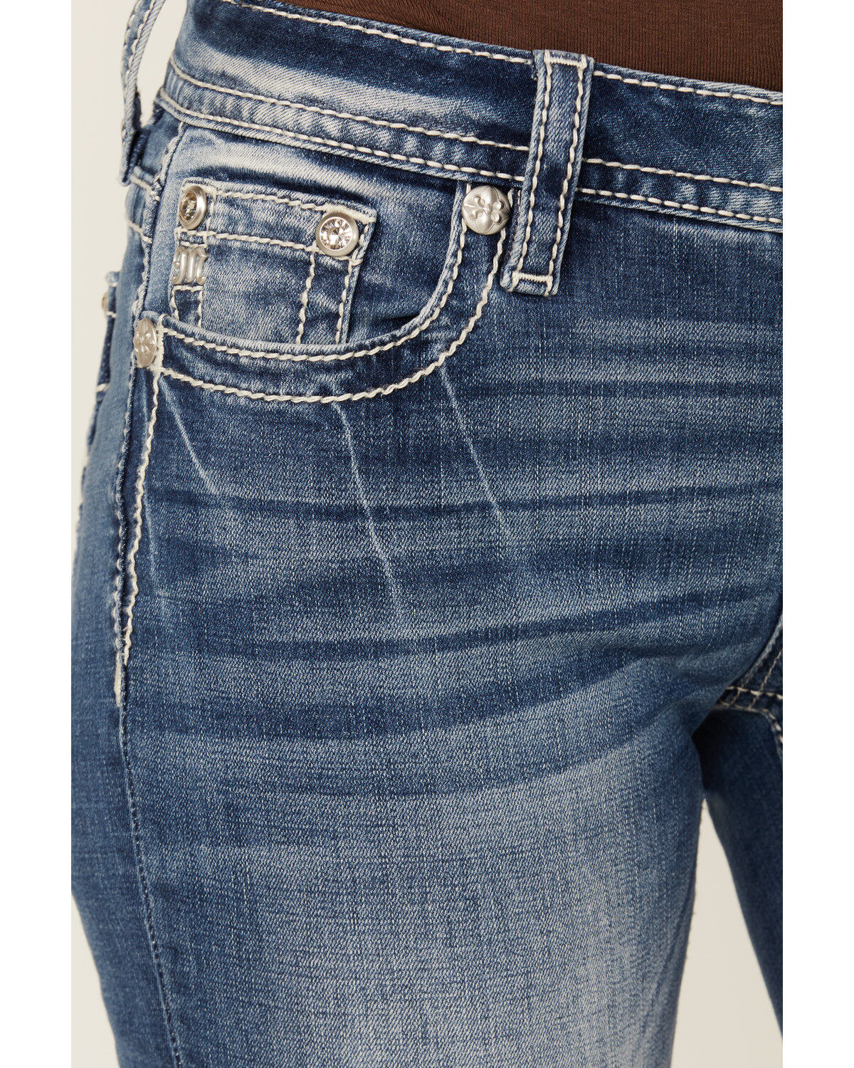 Miss Me Women's Medium Wash Floral Border Pocket Bootcut Stretch Denim Jeans