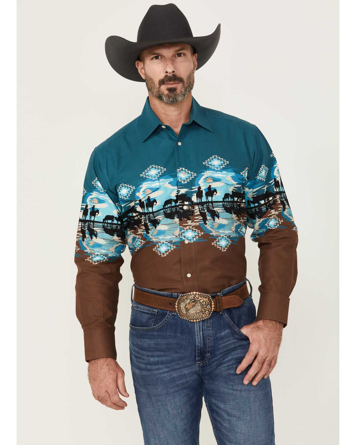Panhandle Men's Cowboys Southwestern Print Border Long Sleeve Snap Western Shirt