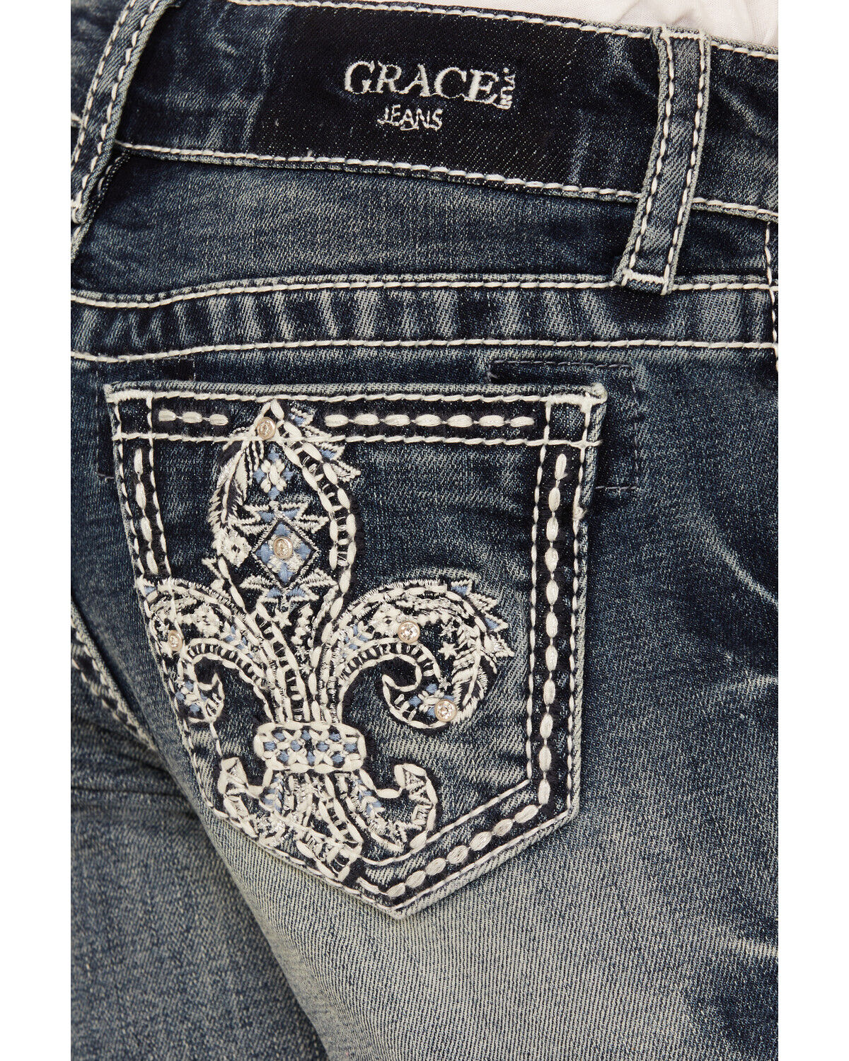 Grace In LA Girls' Dark Wash Fleur De Lis Bootcut Stretch Denim Jeans