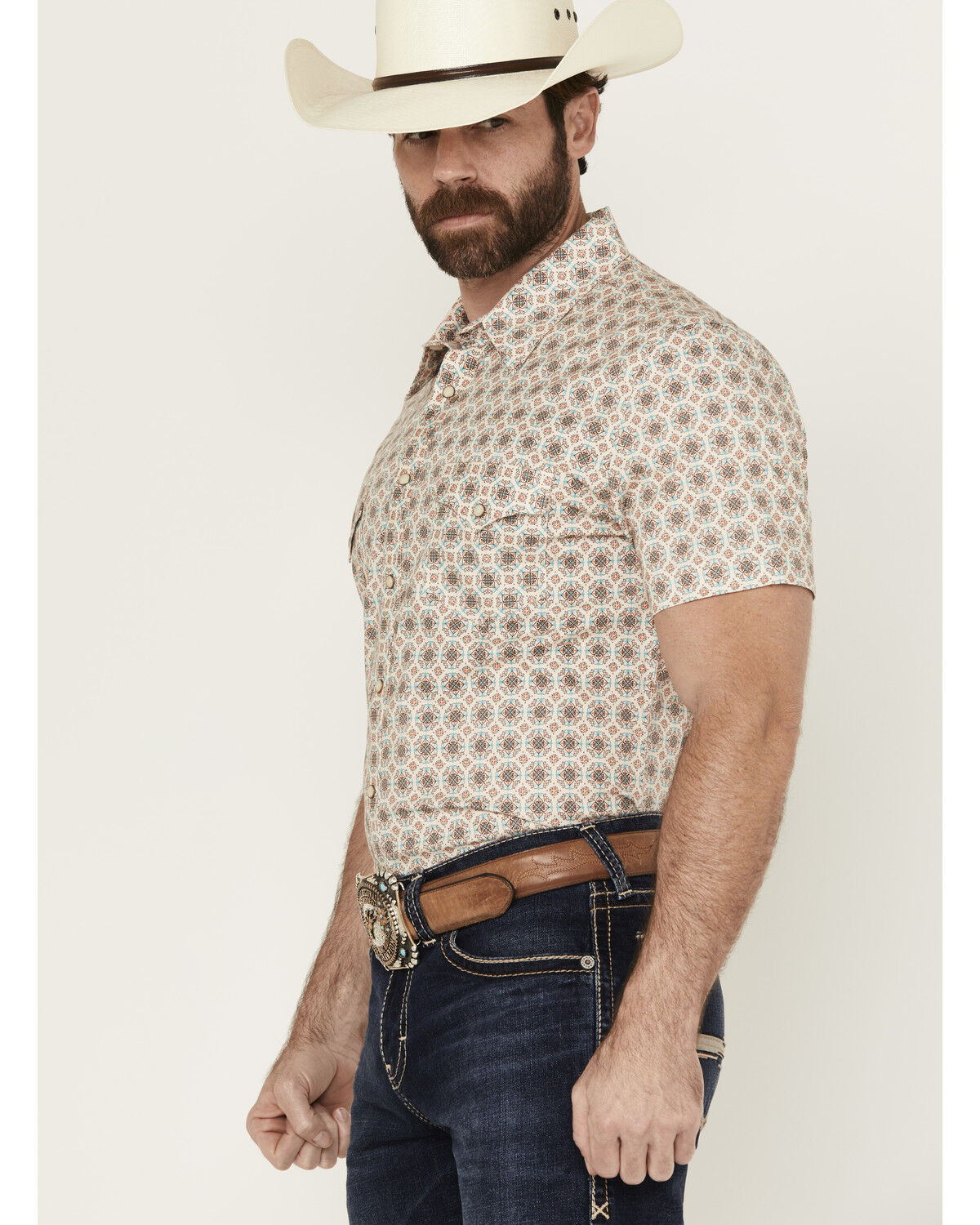 Rock & Roll Denim Men's Medallion Print Short Sleeve Snap Stretch Western Shirt