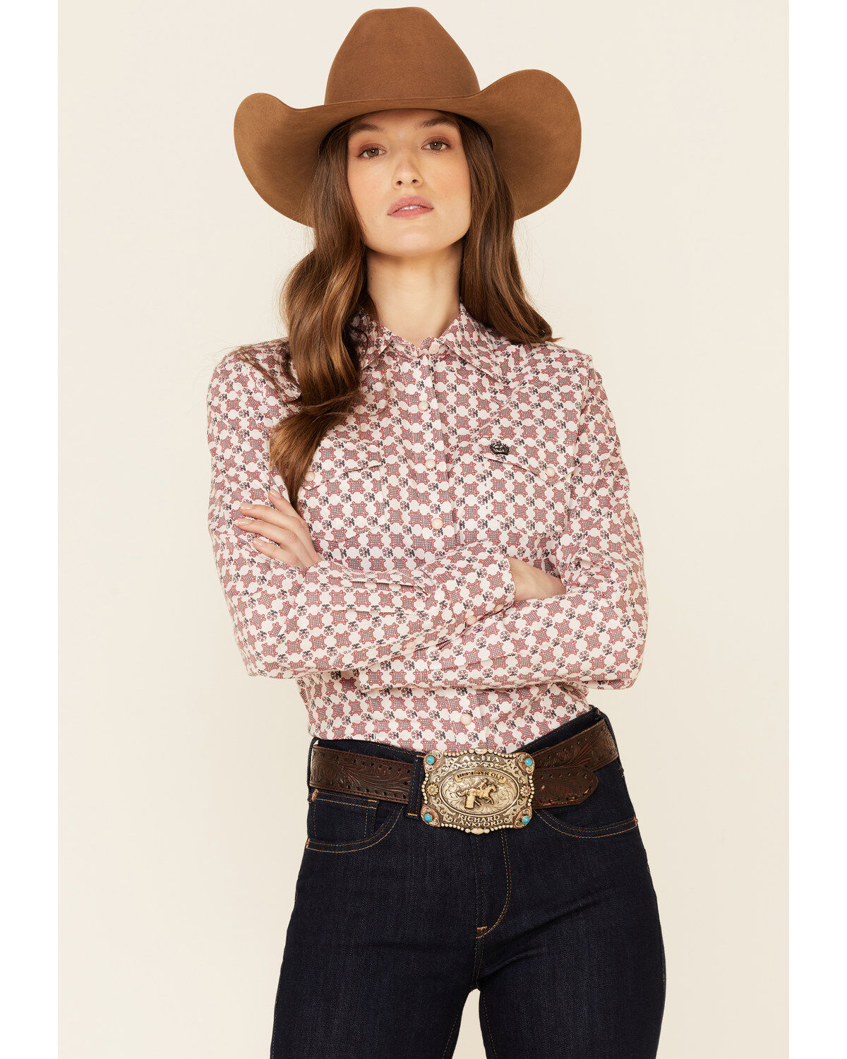 Cinch Women's Pink Geo Print Long Sleeve Snap Western Core Shirt