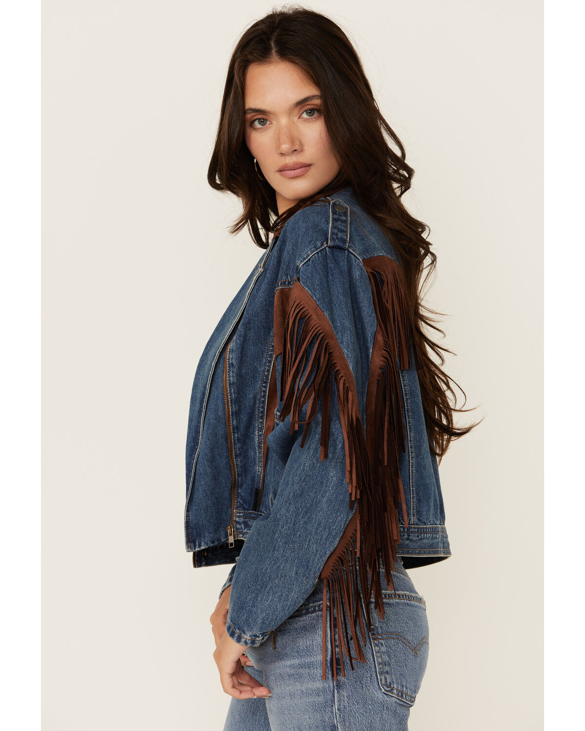 Rock & Roll Denim Women's Medium Wash Faux Suede Fringe Denim Jacket