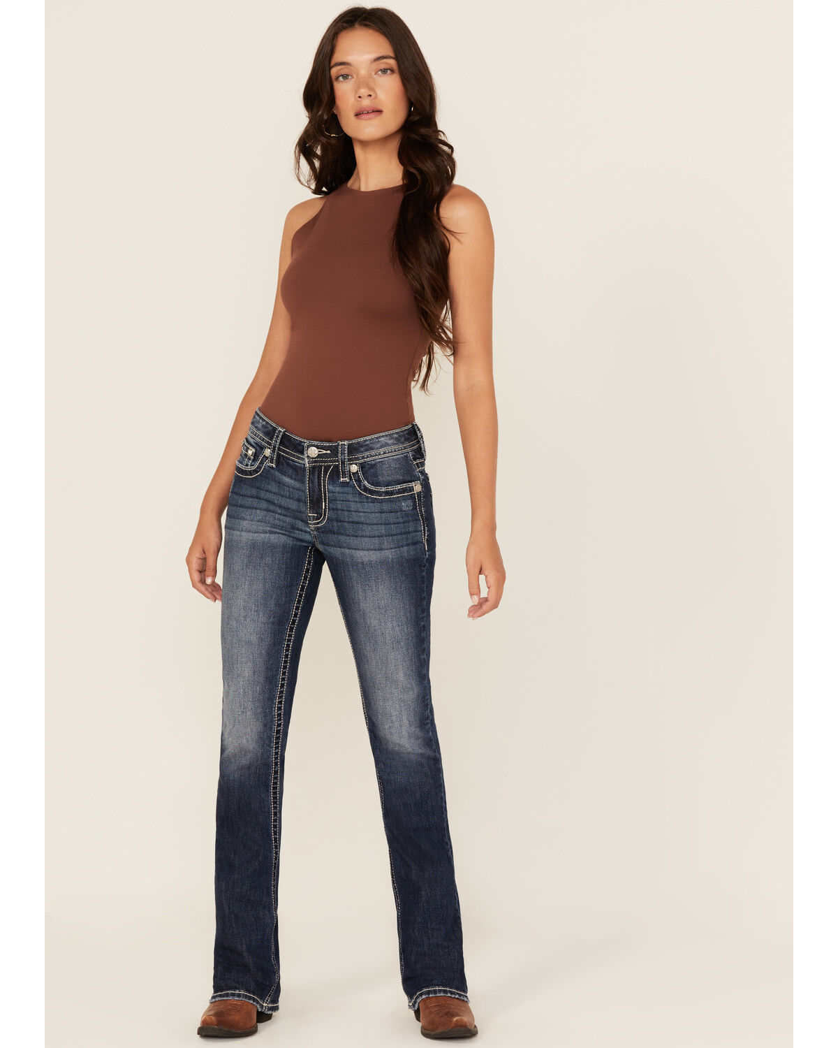 Miss Me Women's Dark Wash Mid Rise Paisley Pocket Bootcut Stretch Denim Jeans