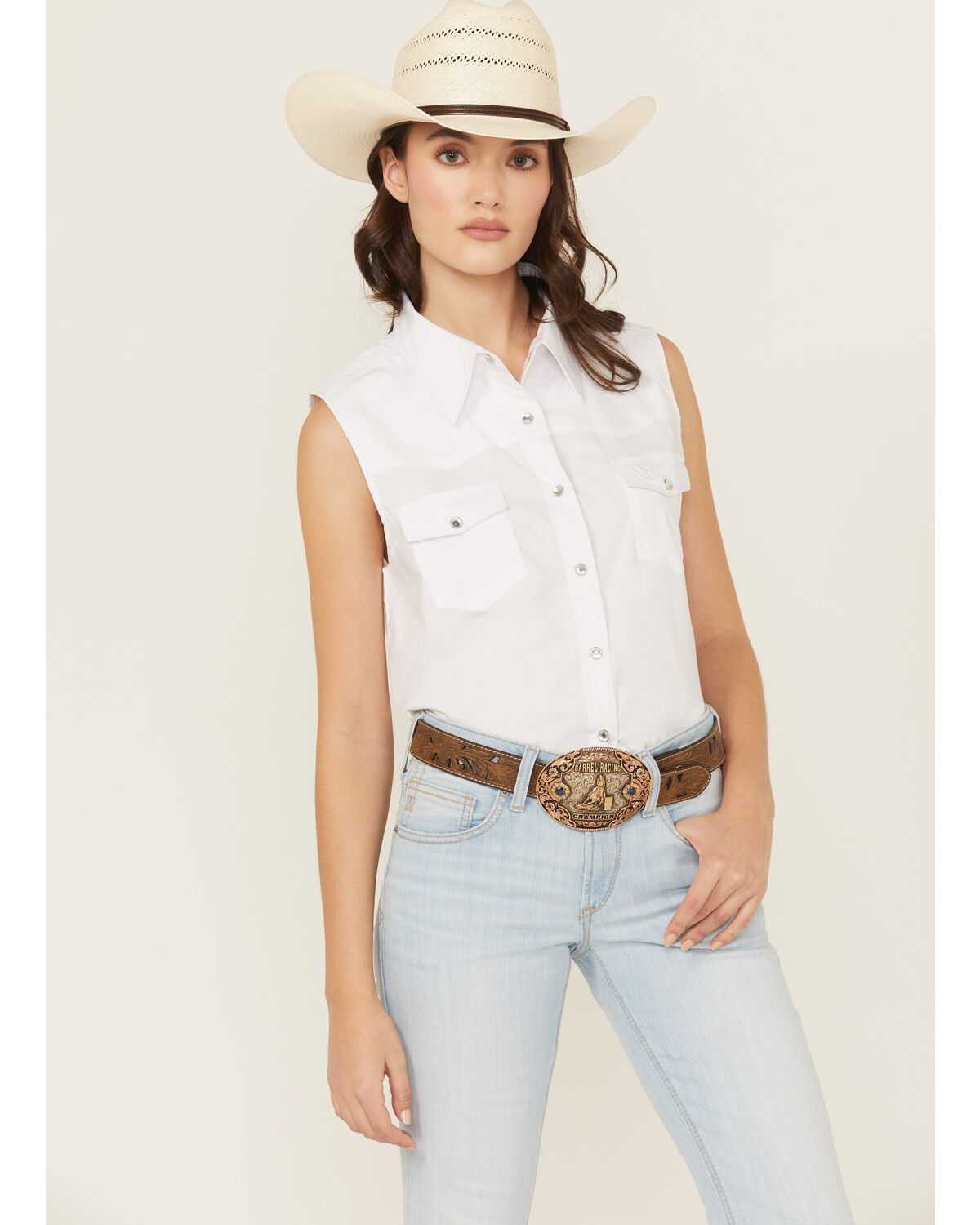 Cowgirl Hardware Women's Solid Sleeveless Snap Stretch Western Shirt
