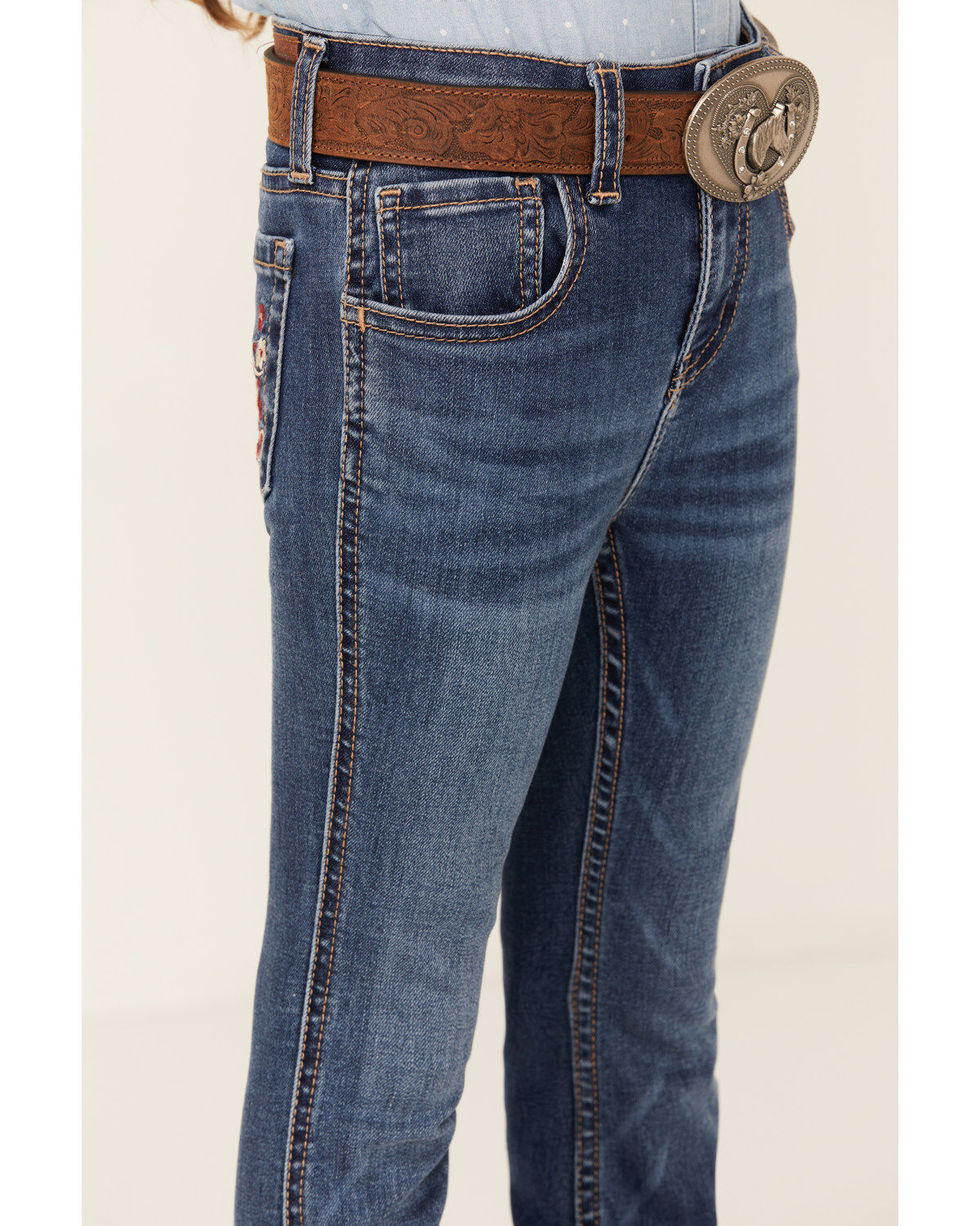 Shyanne Little Girls' Maren Medium Wash Embroidered Pocket Bootcut Comfort Stretch Denim Jeans