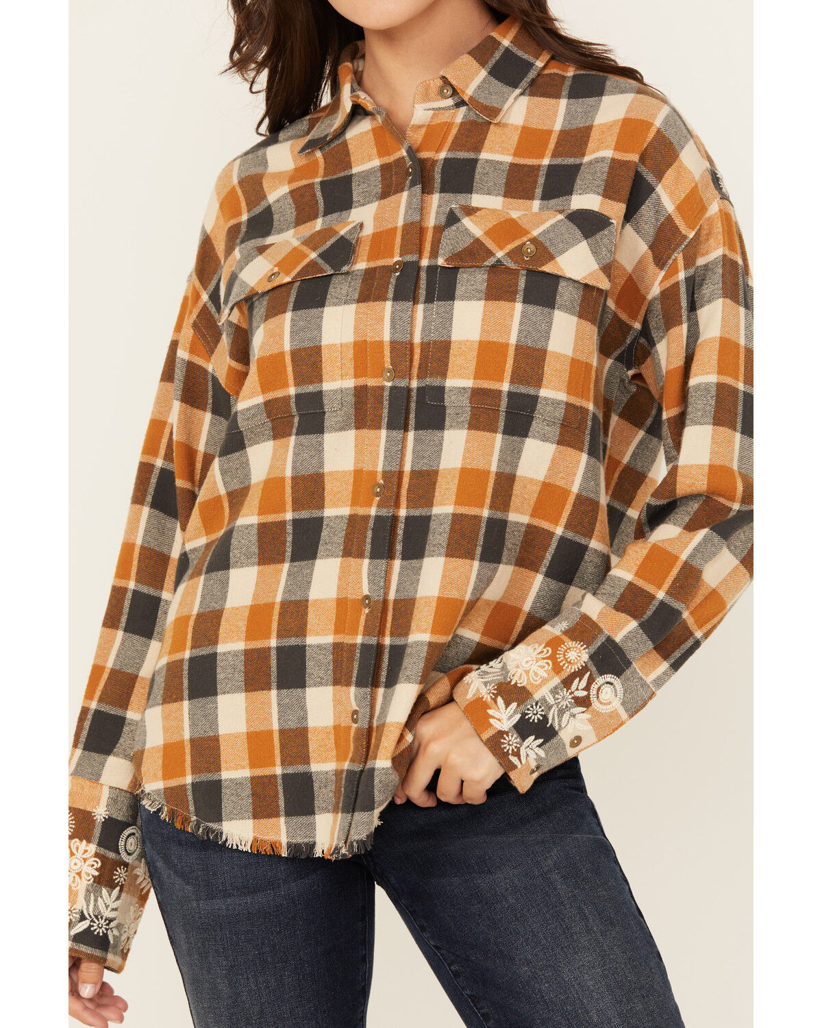 Cleo + Wolf Women's Christian Plaid Print Embroidered Long Sleeve Button-Down Western Shirt