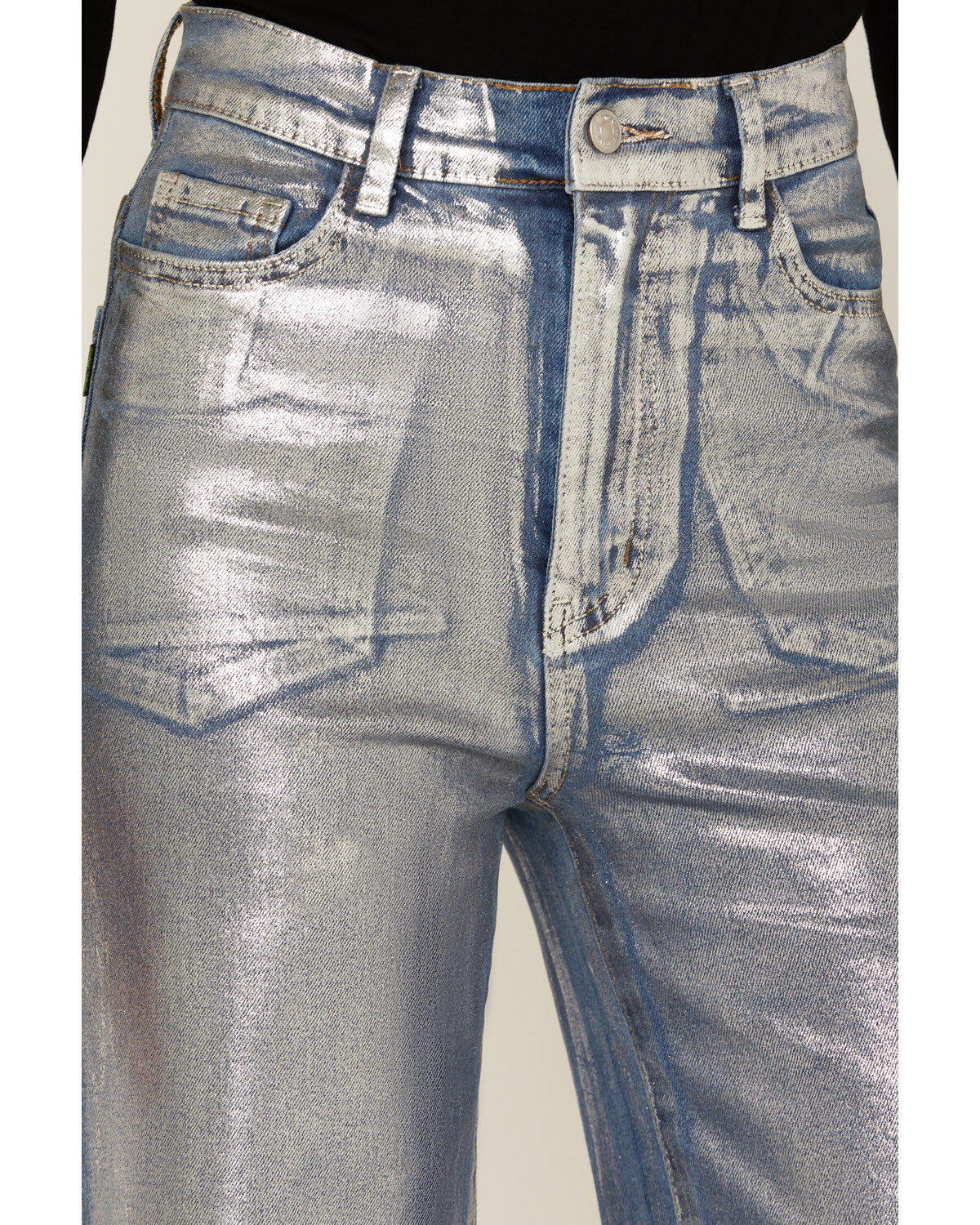 Vibrant Denim Women's Medium Wash Metallic Wide Leg Denim Jeans