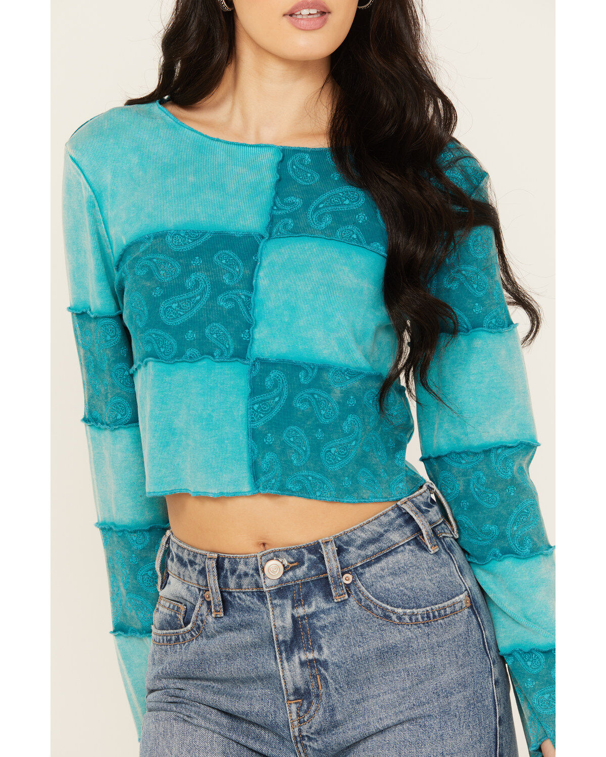 Rock & Roll Denim Women's Paisley Print Patchwork Long Sleeve Top