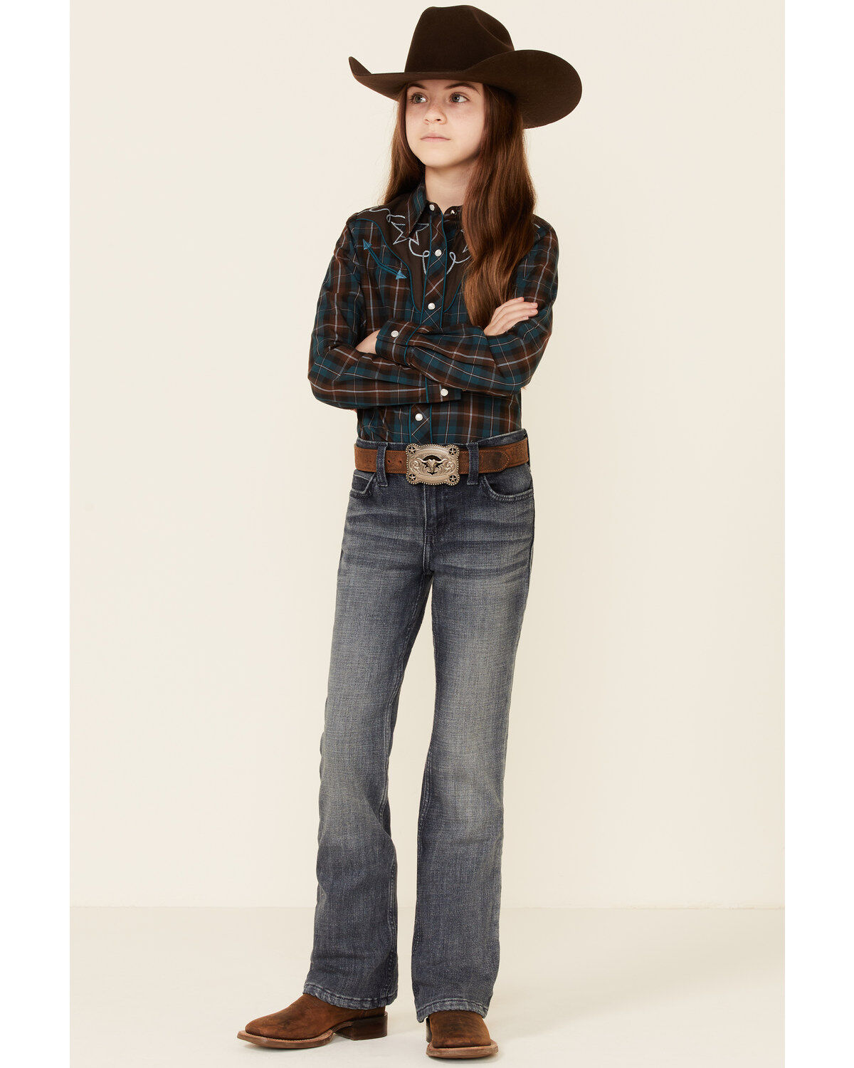 Roper Girls' Windowpane Plaid Print Fancy Yoke Long Sleeve Pearl Snap Western Shirt
