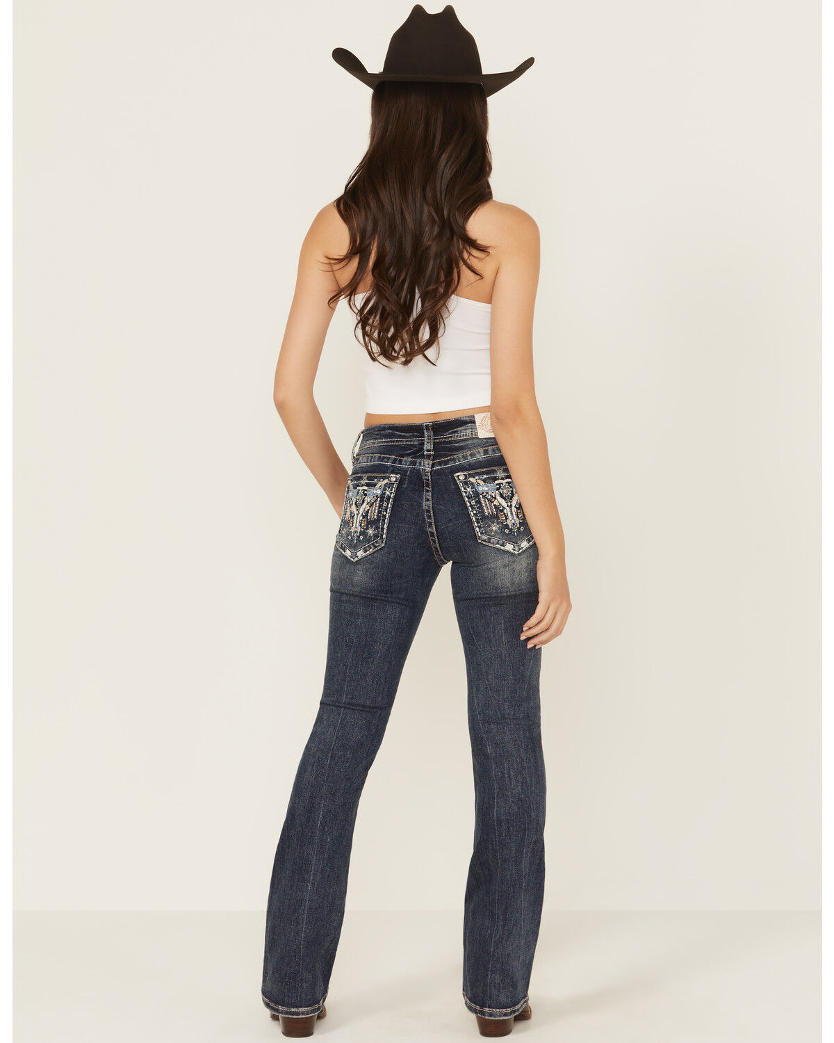 Grace in LA Women's Medium Wash Steerhead Embroidered Bootcut Stretch Denim Jeans