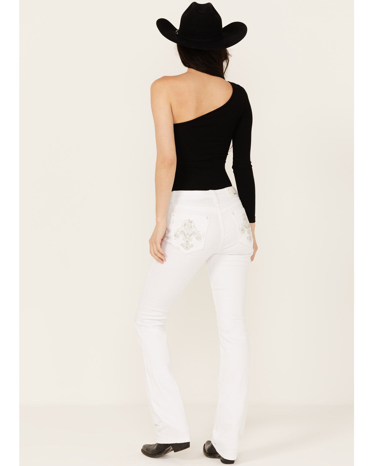 Grace In LA Women's Fleur De Lis Pocket Mid Rise Bootcut Stretch Denim Jeans