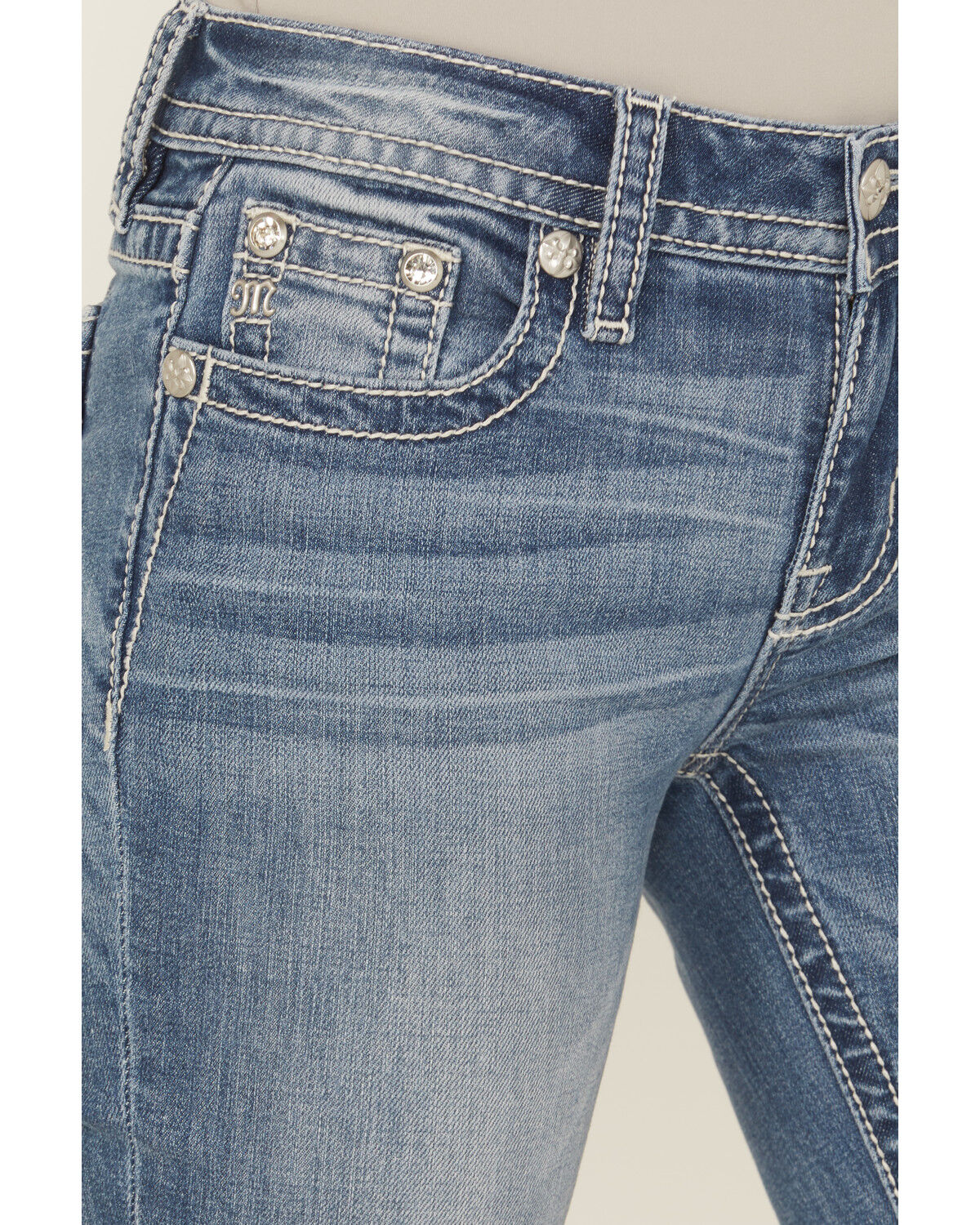 Miss Me Women's Medium Wash Mid Rise Butterfly Pocket Bootcut Stretch Denim Jeans - Long