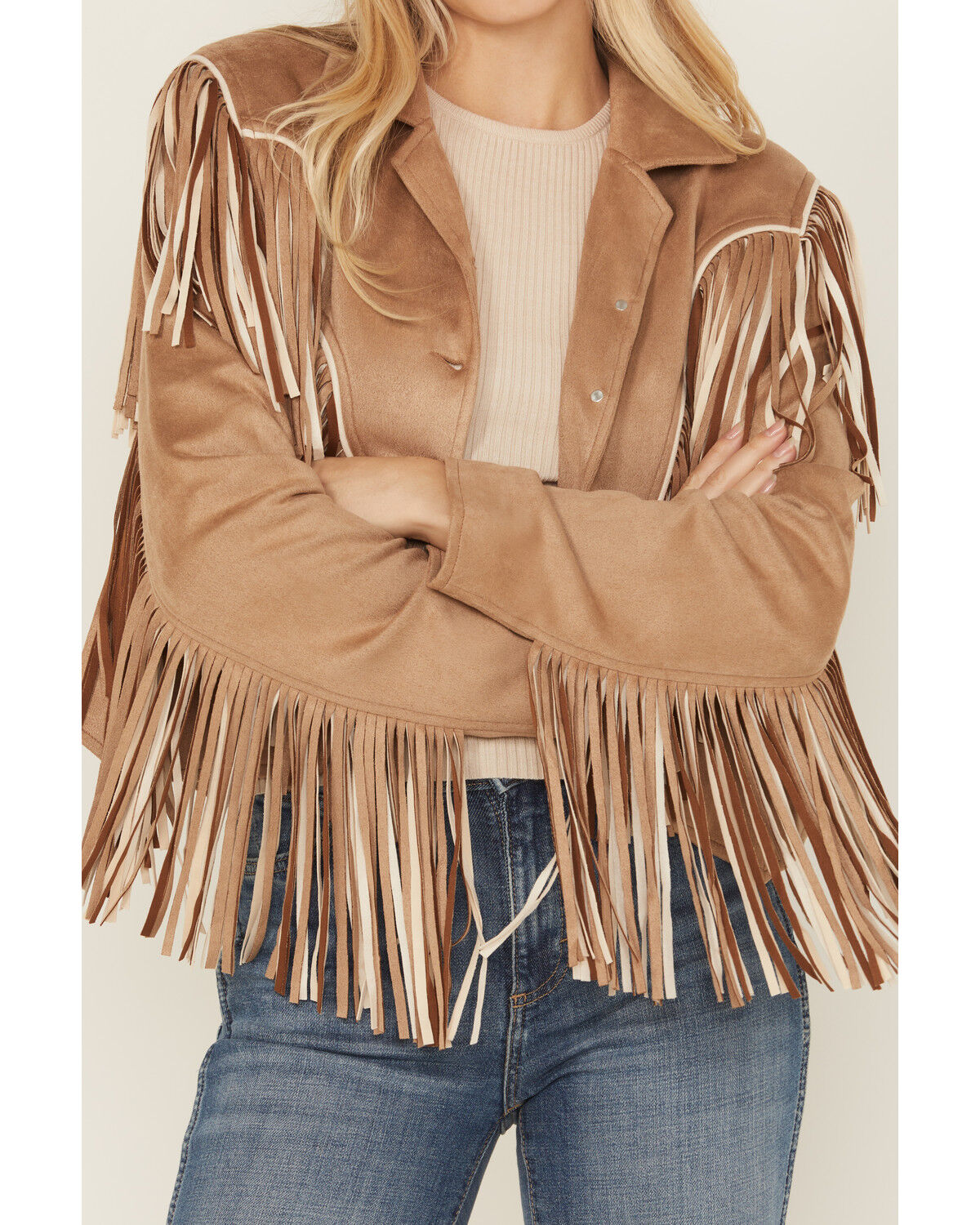 Saints & Hearts Women's Faux Fringe Suede Button-Down Jacket