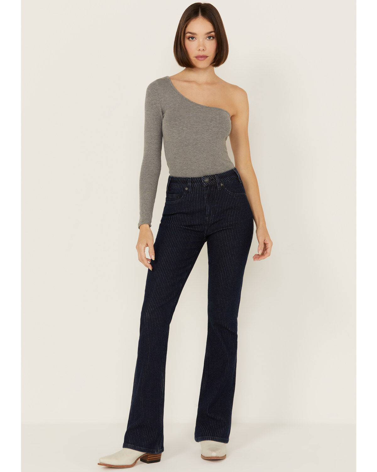 Rock & Roll Denim Women's Dark Wash High Rise Jacquard Striped Striped Bootcut Stretch Denim Jeans