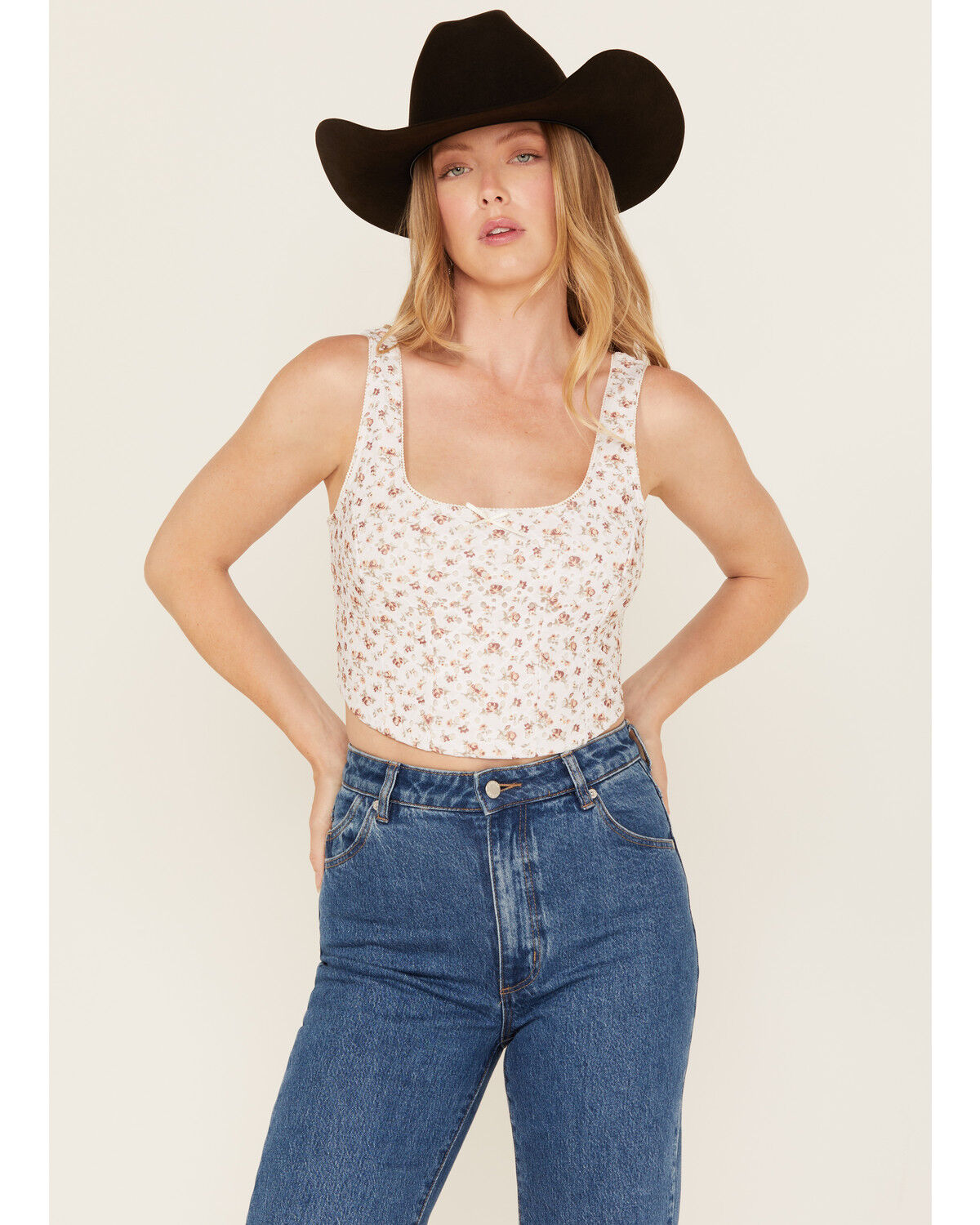 Originality Women's Floral Print Eyelet Cropped Corset Top
