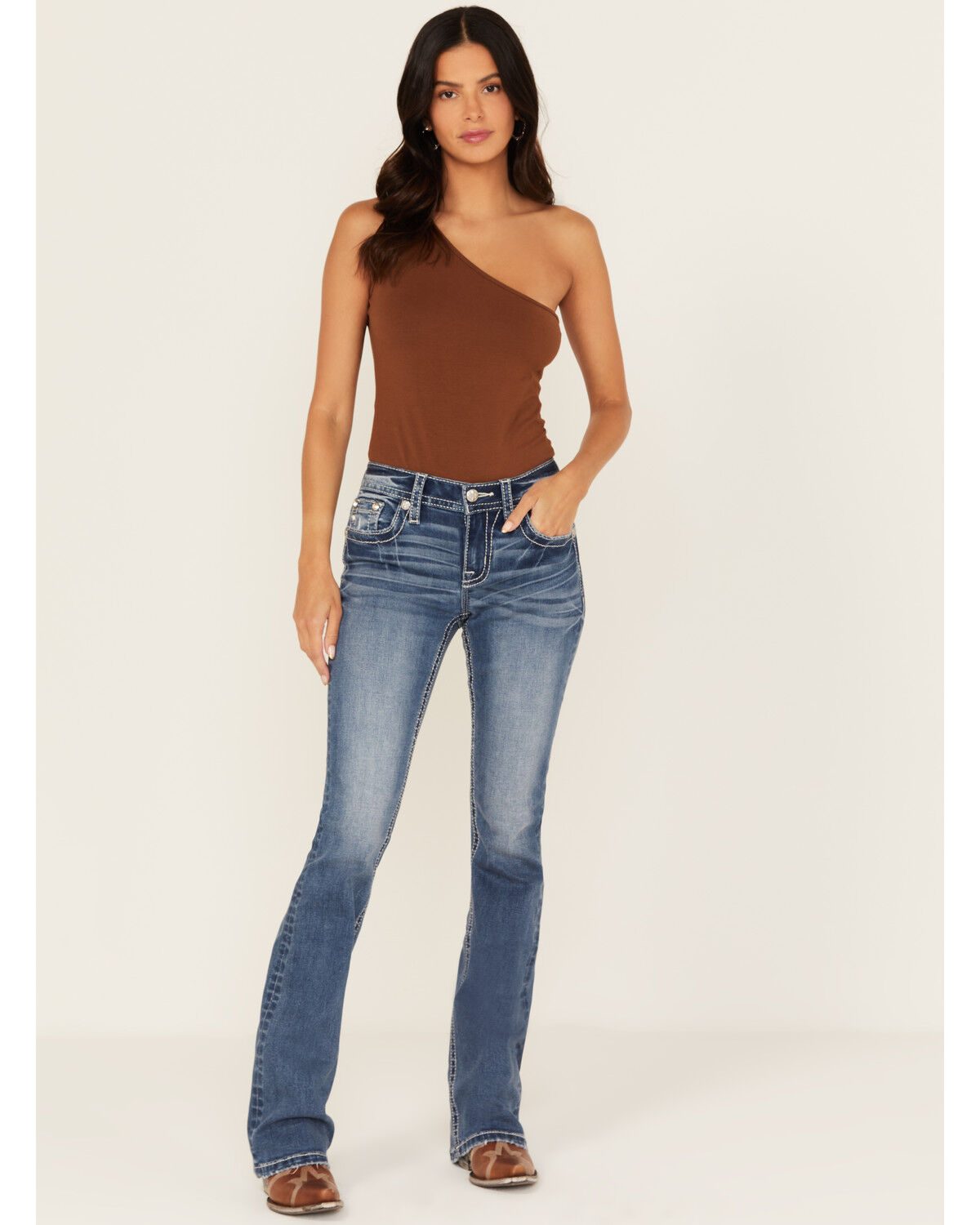 Miss Me Women's Medium Wash Mid Rise Fleur de Lis Pocket Bootcut Stretch Denim Jeans