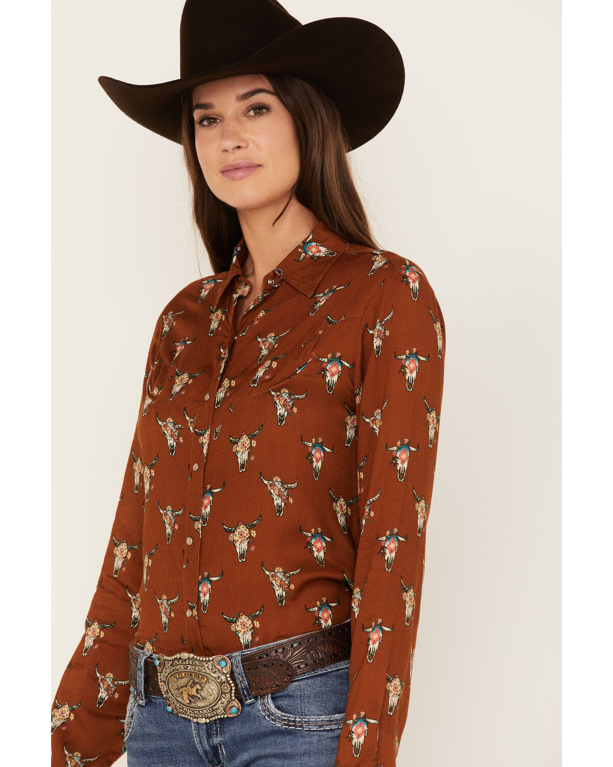Roper Women's Steer Head Skull Print Long Sleeve Pearl Snap Western Shirt