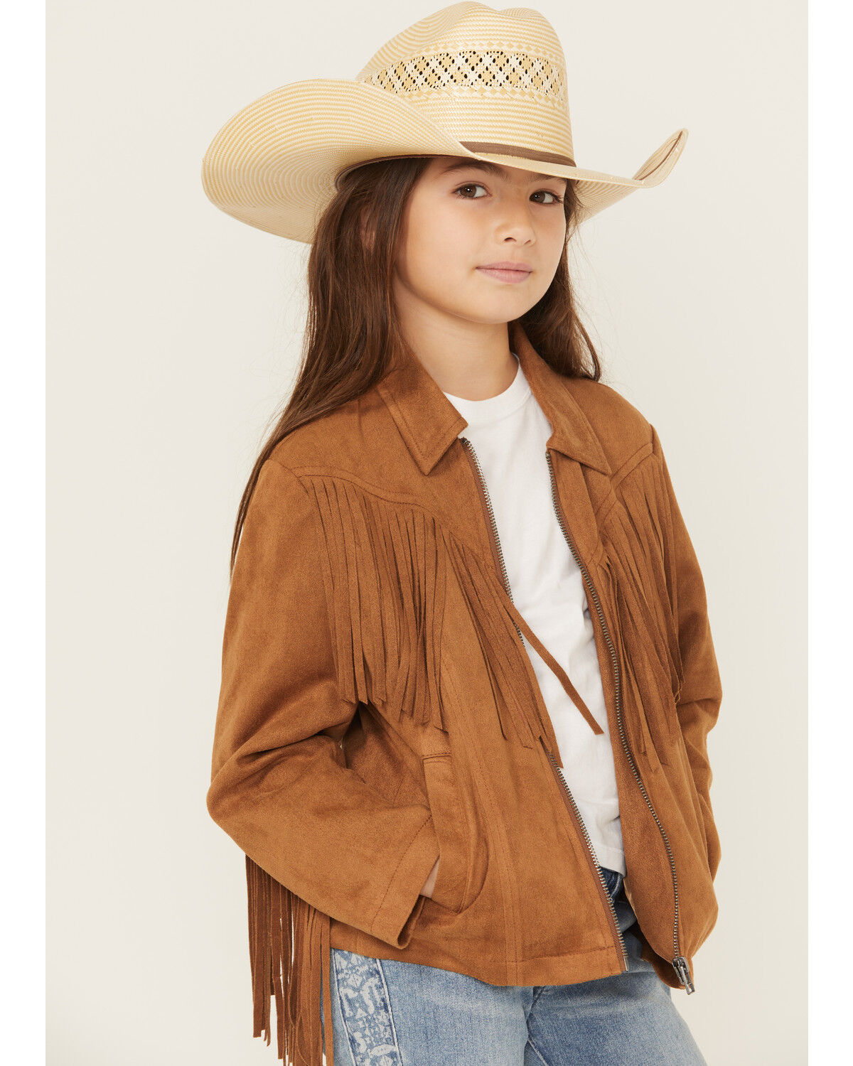 Fornia Girls' Solid Fringe Faux Suede Zip-Up Jacket