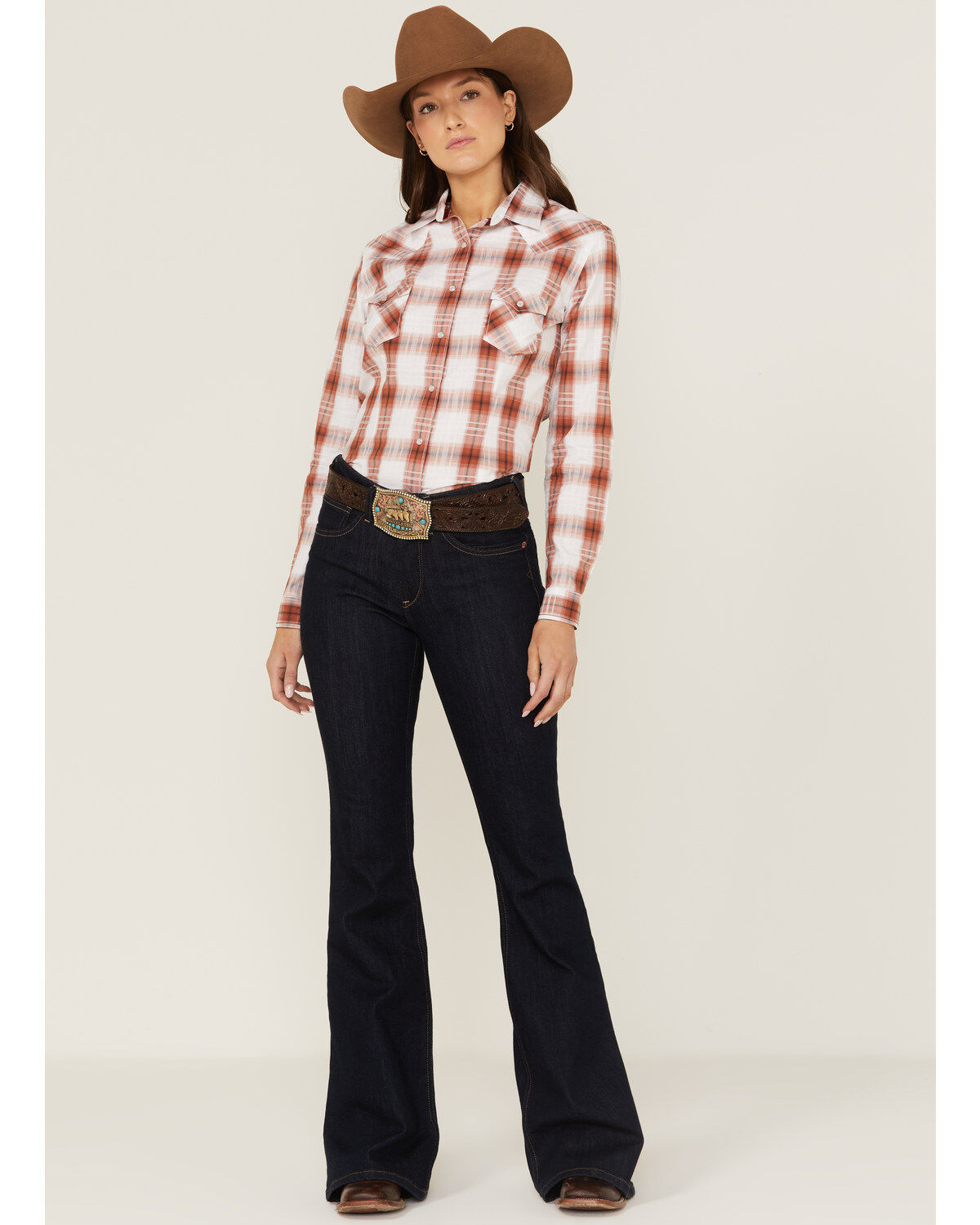 Rough Stock By Panhandle Women's Dobby Plaid Print Long Sleeve Western Pearl Snap Shirt