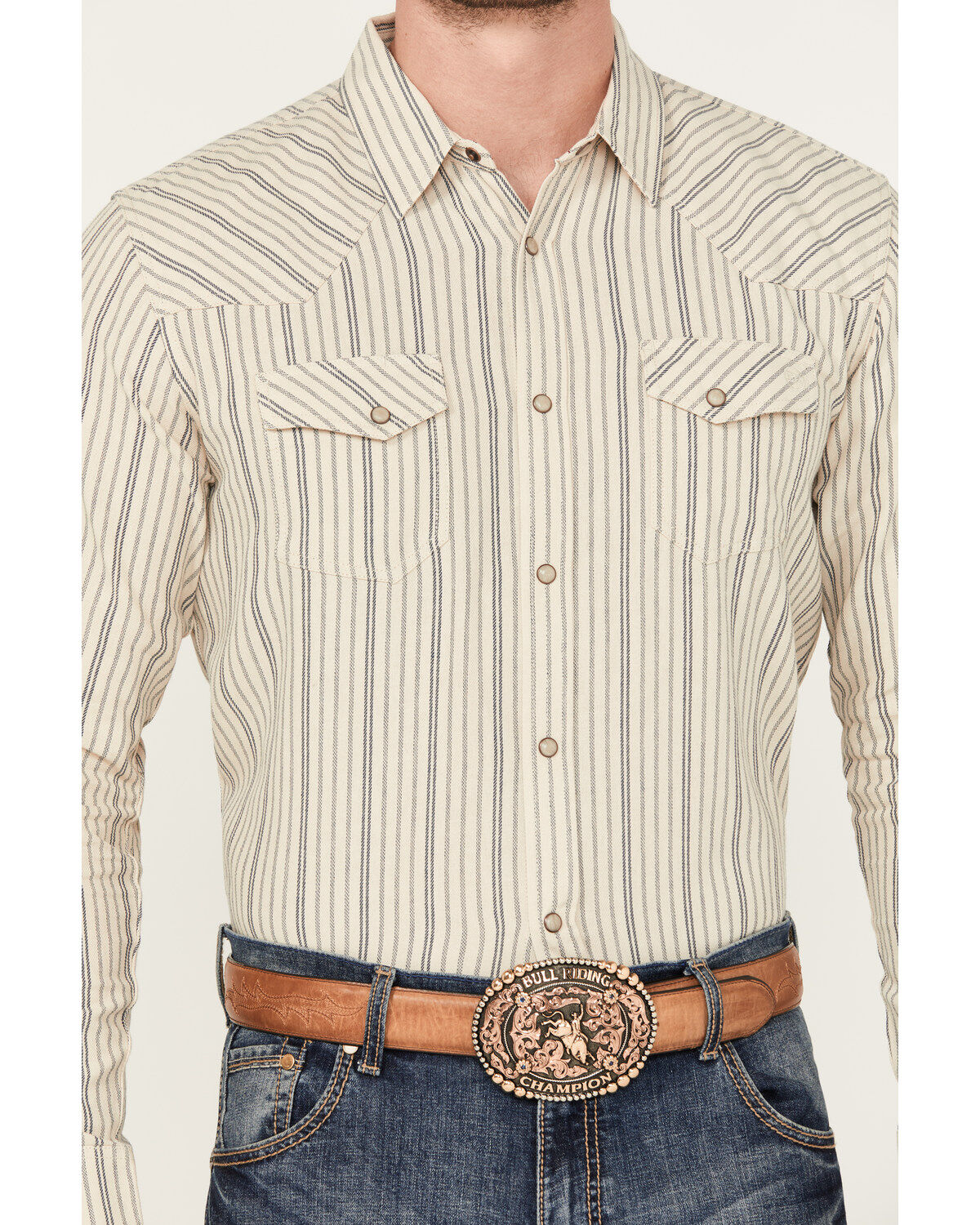 Blue Ranchwear Men's Goliad Striped Print Long Sleeve Snap Shirt