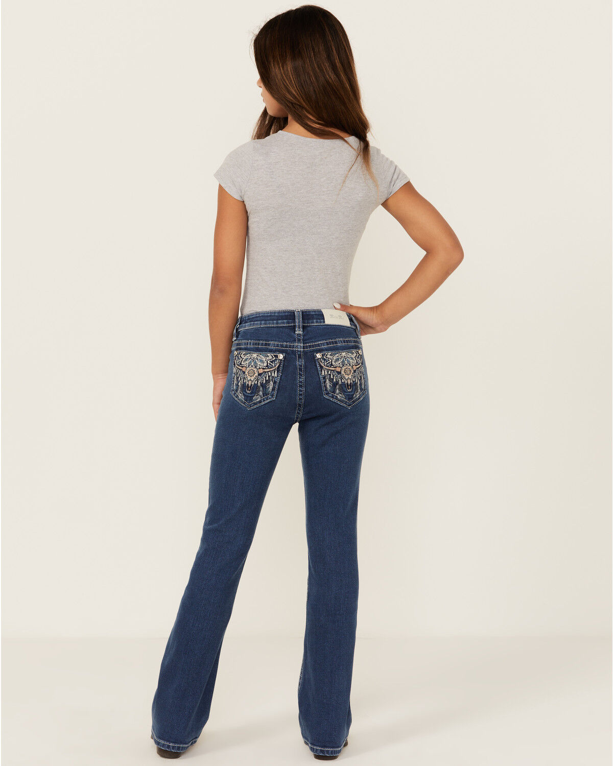 Miss Me Girls' Dark Wash Steerhead Pocket Bootcut Stretch Denim Jeans