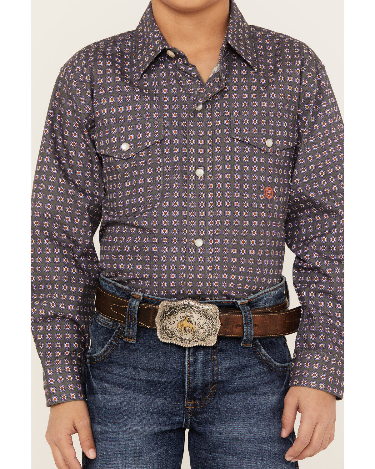 Roper Boys' Amarillo Geo Print Long Sleeve Western Pearl Snap Shirt