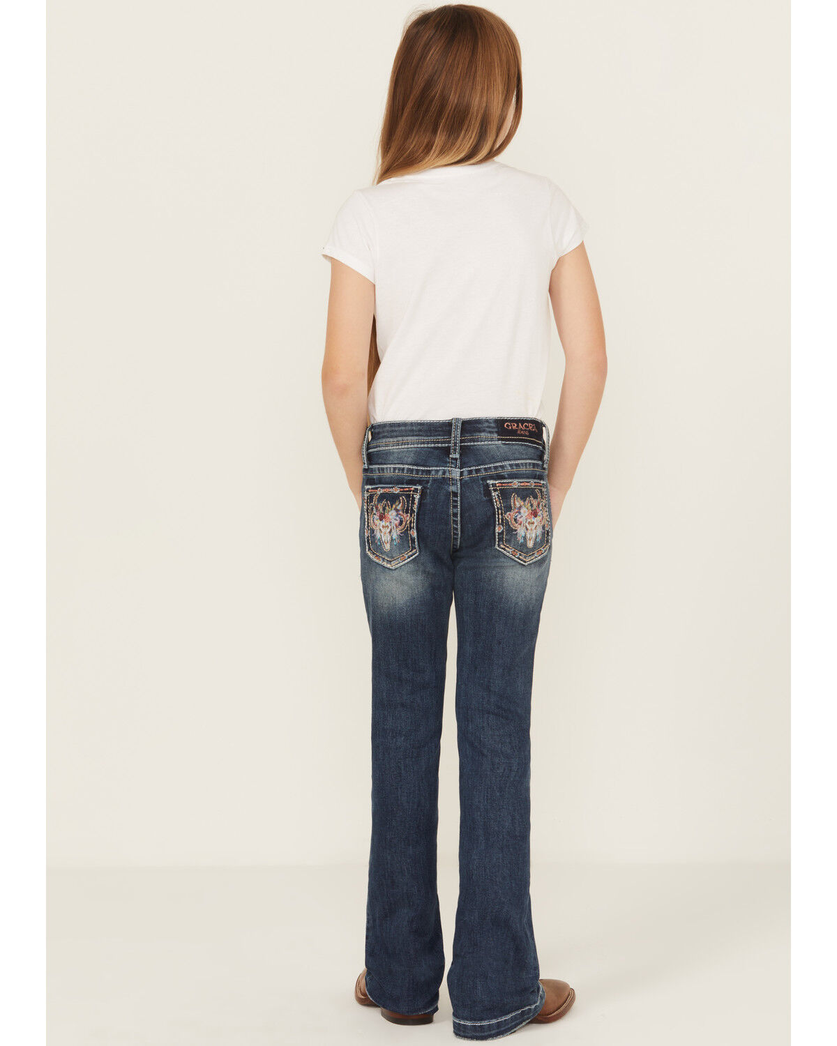 Grace In LA Girls' Floral Steerhead Embroidered Dark Wash Bootcut Stretch Denim Jeans
