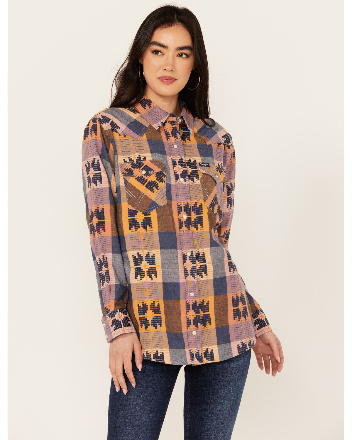 Wrangler Retro Women's Western Vintage Plaid Print Boyfriend Long Sleeve Snap Western Shirt
