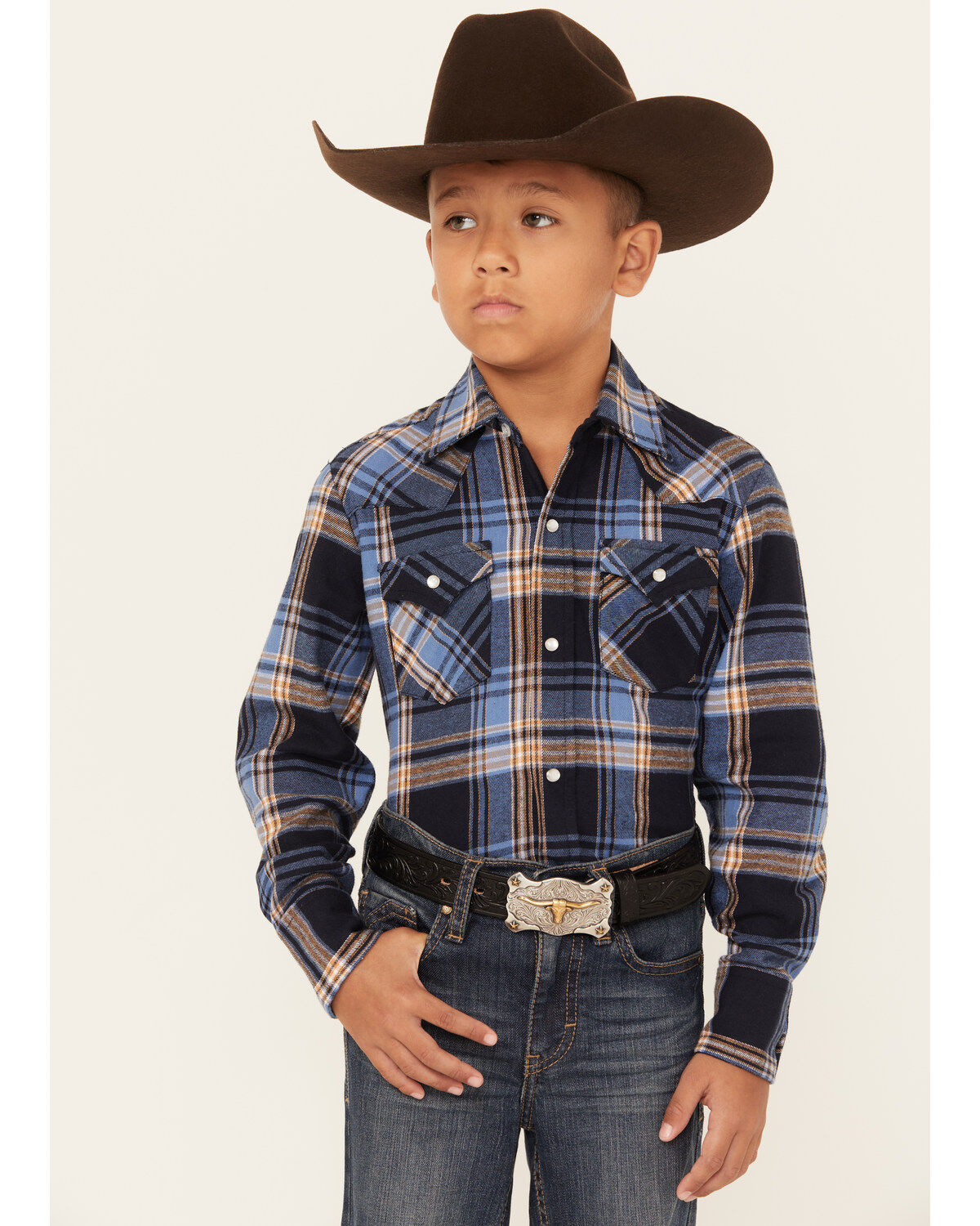 Ely Walker Boys' Plaid Print Brushed Flannel Long Sleeve Pearl Snap Western Shirt