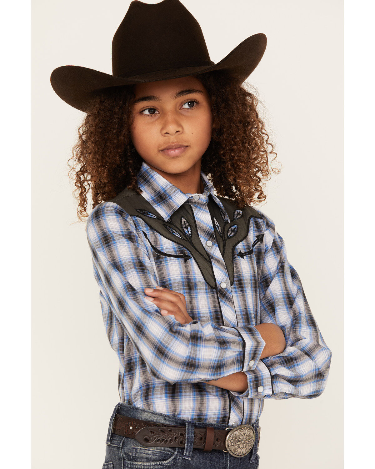 Roper Girls' Plaid Print Embroidered Yoke Long Sleeve Pearl Snap Western Shirt