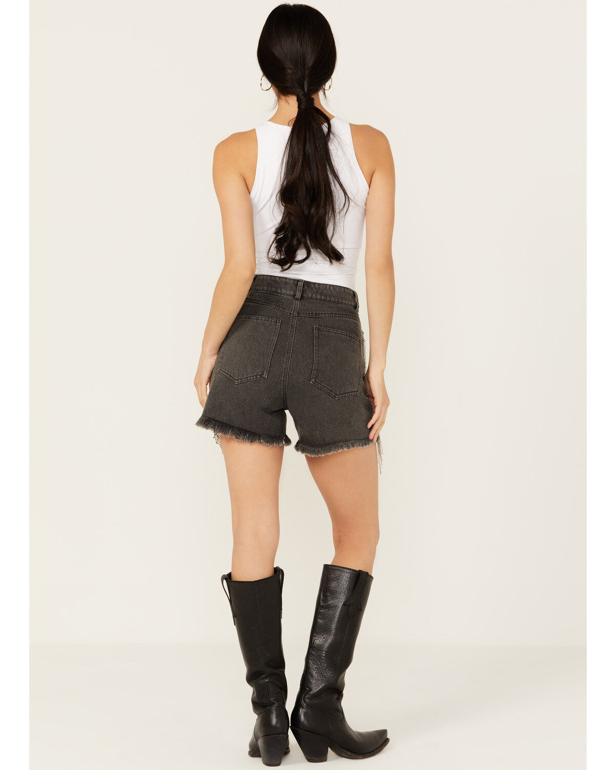 Blue B Women's High Rise Rhinestone Side Chain Fringe Denim Shorts