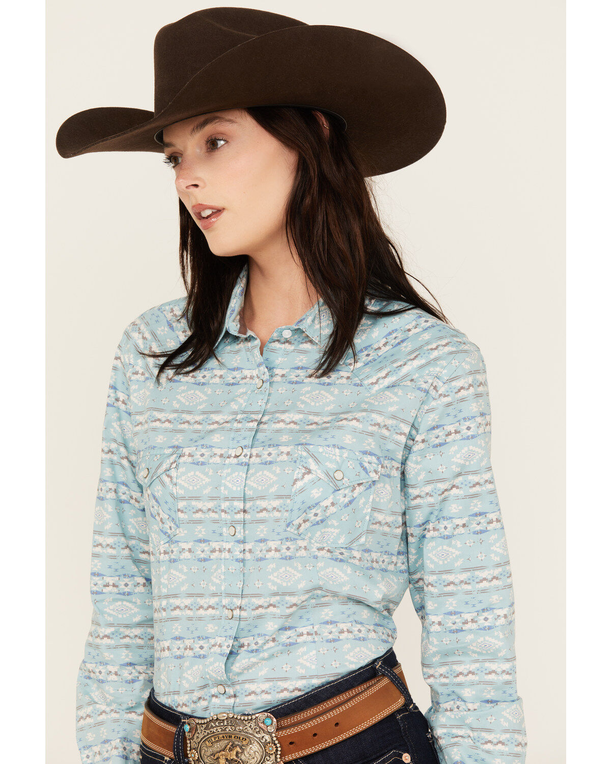 Rough Stock Women's Southwestern Print Long Sleeve Pearl Snap Stretch Western Shirt