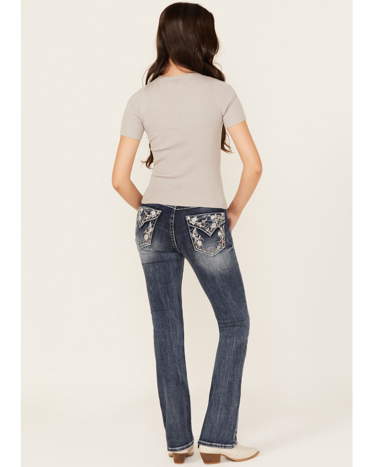 Grace In LA Women's Medium Wash Floral Paisley Embroidered Mid Rise Bootcut Stretch Denim Jeans