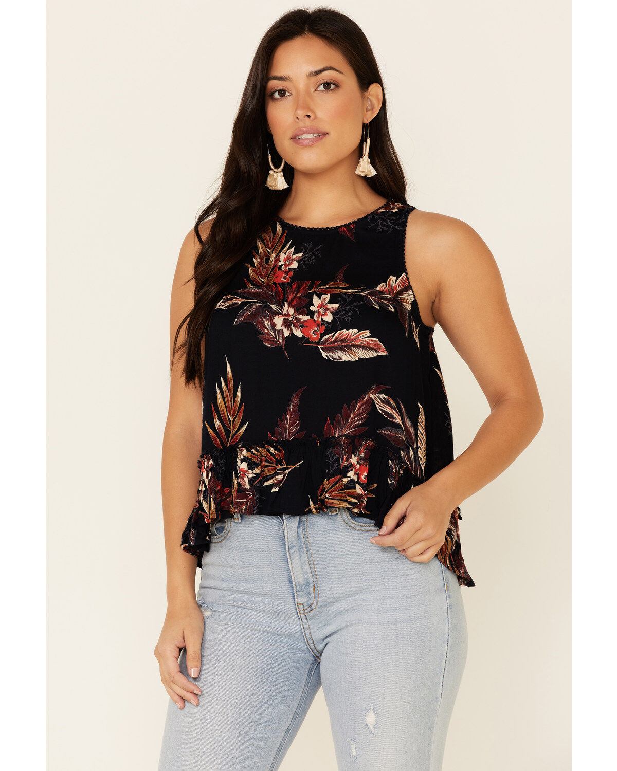 Patrons Of Peace Women's Floral Print Ruffle Trim Tank Top