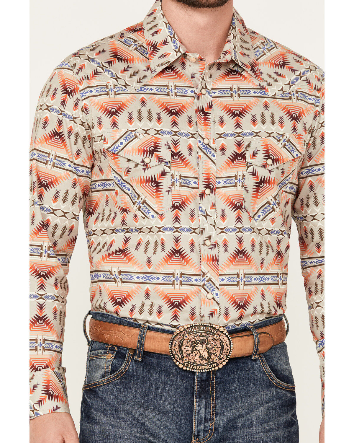 Rock & Roll Denim Men's Southwestern Print Stretch Long Sleeve Snap Western Shirt