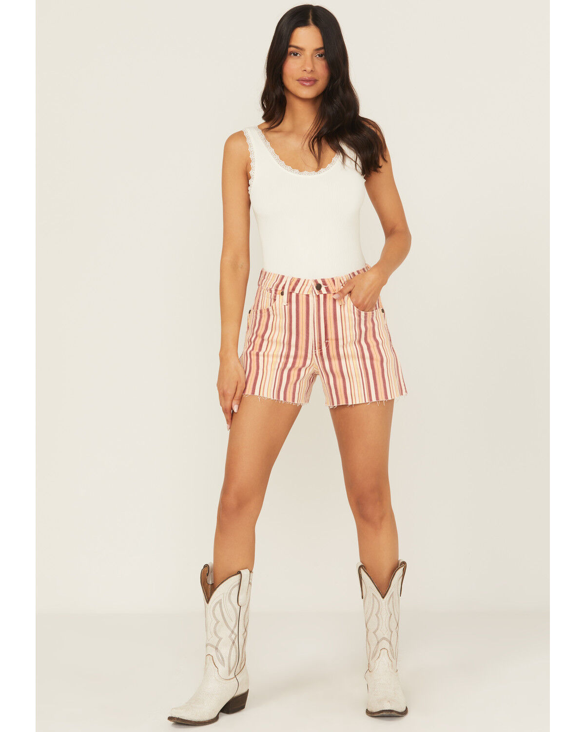 Wrangler Women's Natalie Striped High Rise Retro Cowboy Denim Shorts
