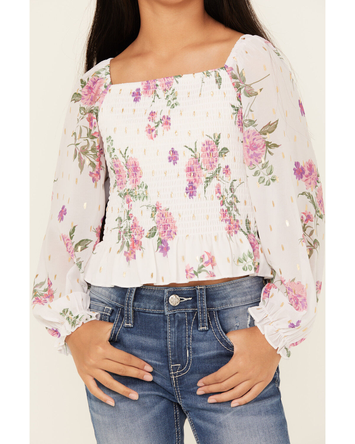 Sugar California Girls' Floral Printed Long Sleeve Smocked Shirt