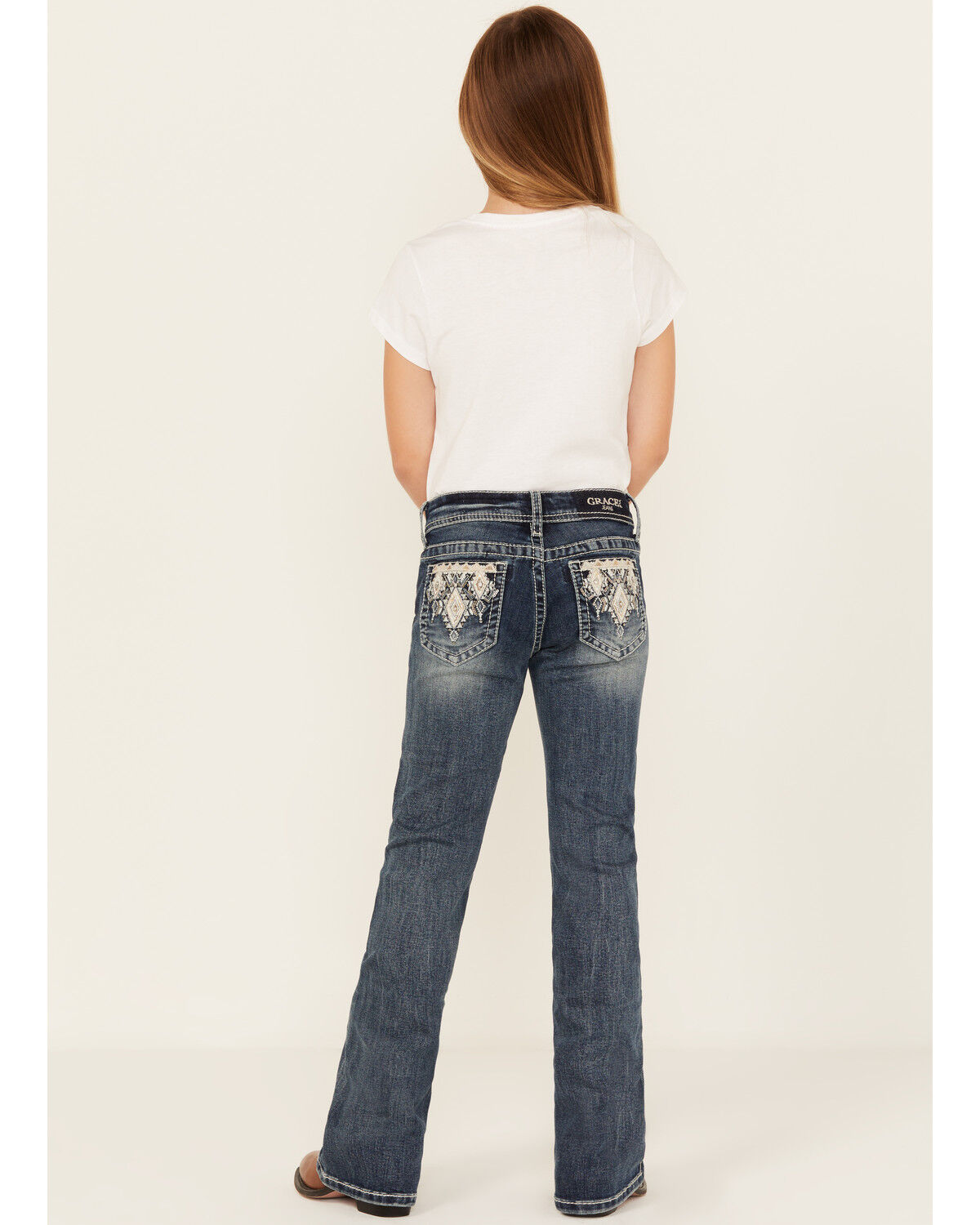 Grace In LA Girls' Chevron Embroidered Medium Wash Bootcut Stretch Denim Jeans