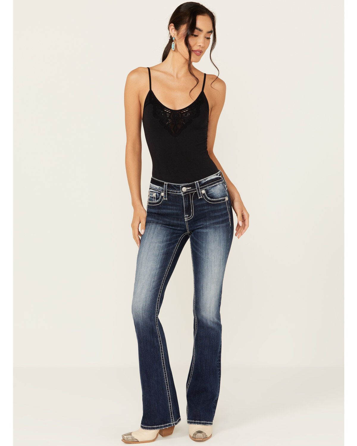 Miss Me Women's Dark Wash Fleur de Lis Bootcut Stretch Denim Jeans