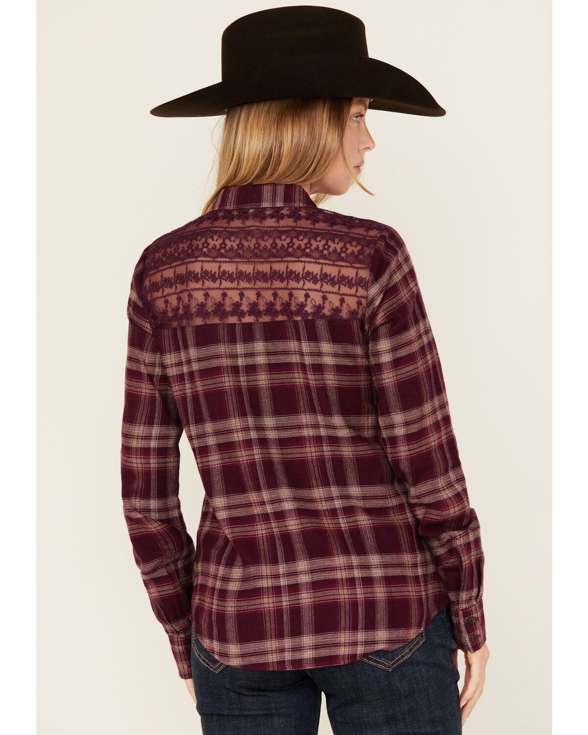 Shyanne Women's Lace Yoke Plaid Print Long Sleeve Button-Down Western Shirt