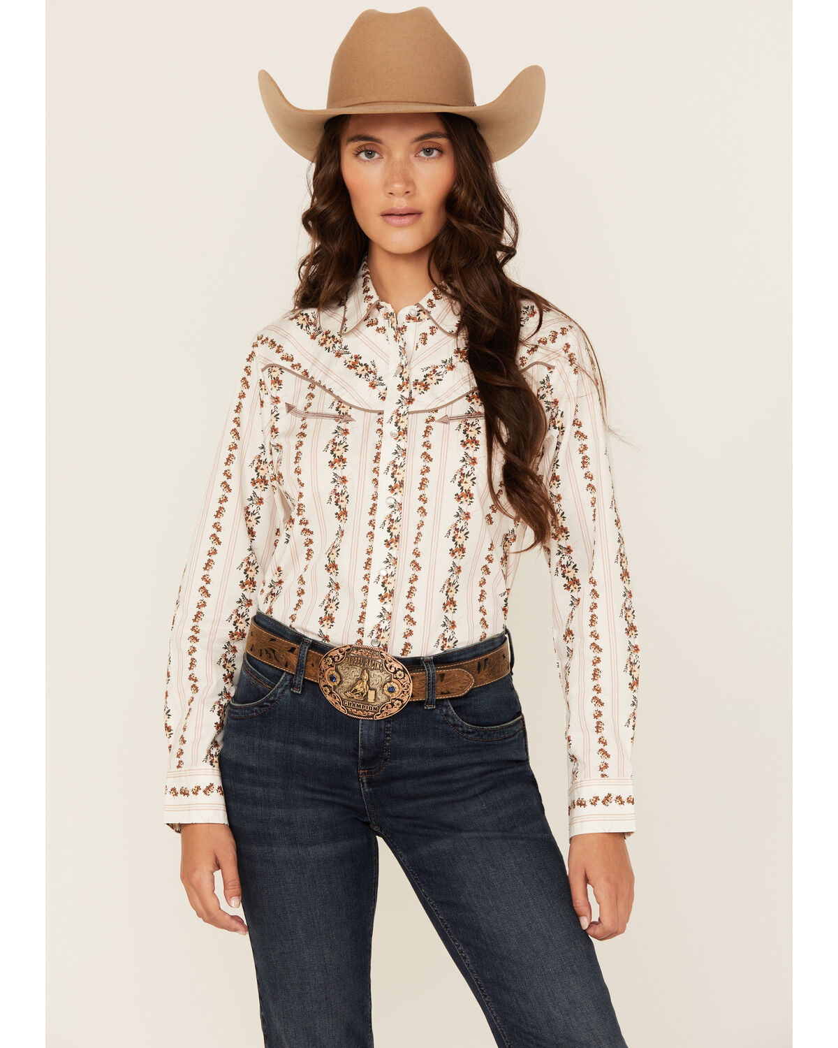 Ely Walker Women's Floral Wallpaper Print Long Sleeve Snap Stretch Western Shirt