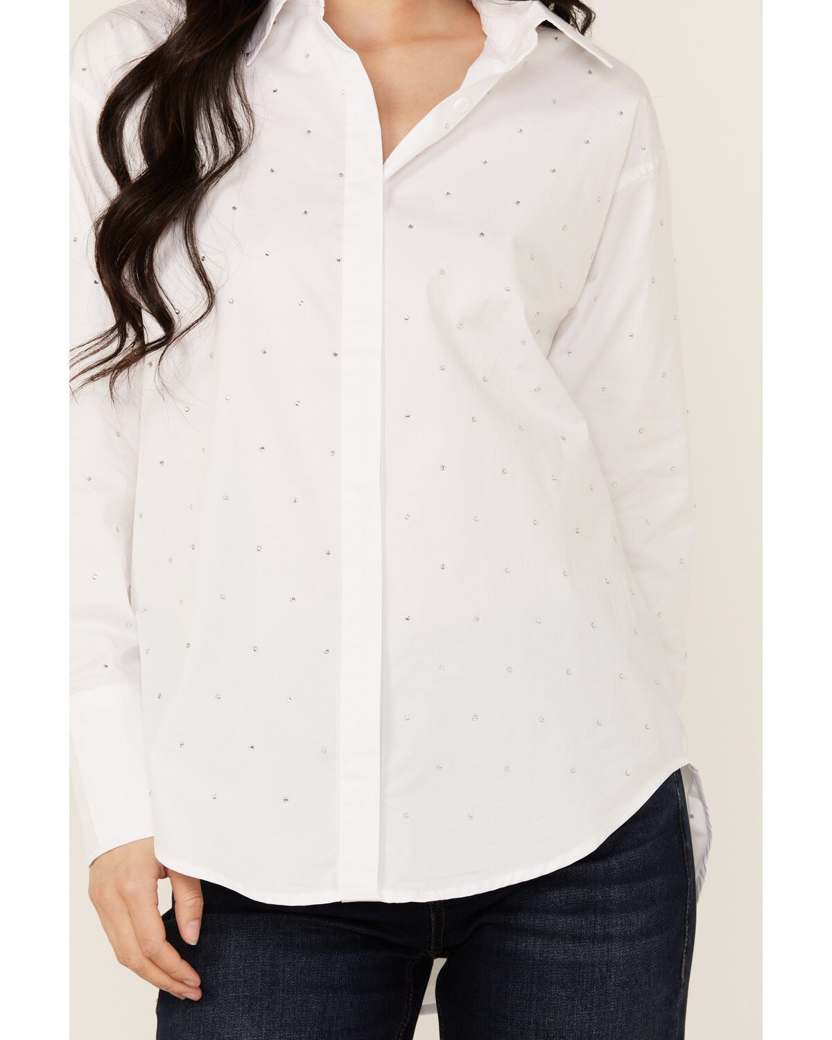 Blue B Women's Solid Rhinestone Long Sleeve Button-Down Shirt