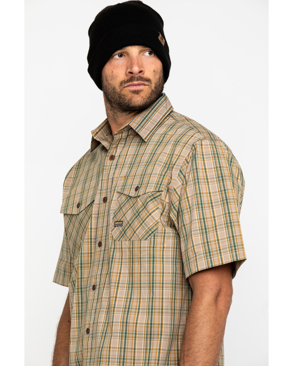 Ariat Men's Tan Plaid Rebar Made Tough Short Sleeve Work Shirt