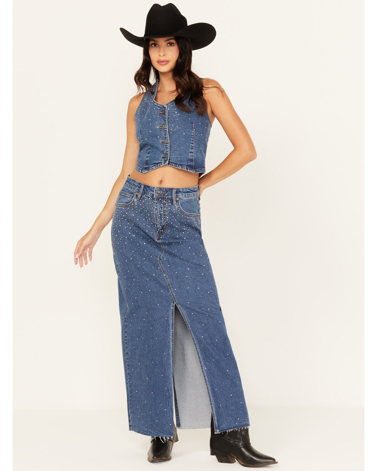 Rock & Roll Denim Women's Medium Wash Rhinestone Studded Maxi Skirt