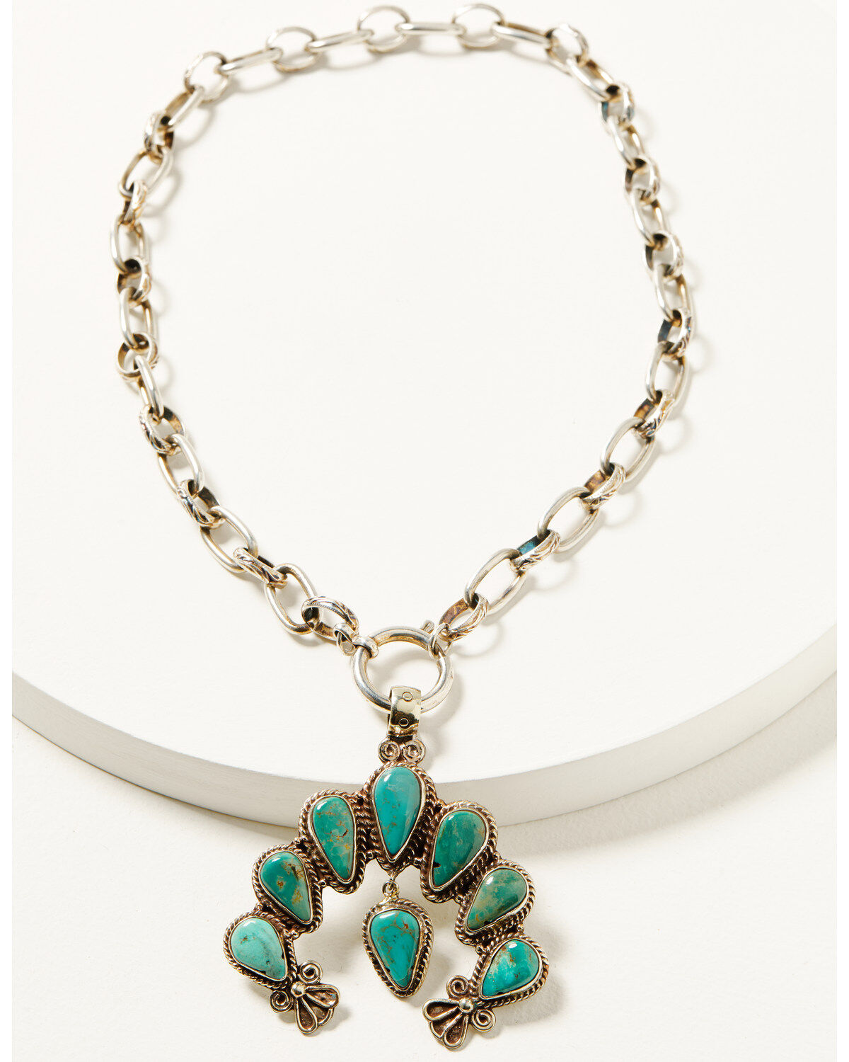 Erin Knight Designs Women's Vintage Sterling Plated Chain with Turquoise Squash Blossom