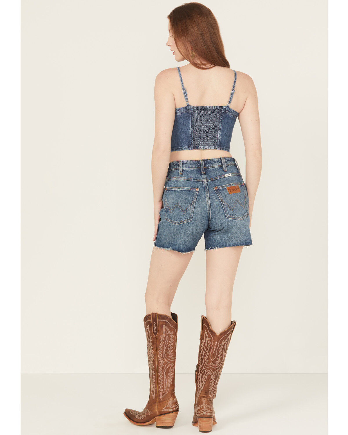 Wrangler Women's Medium Wash High Rise Mid-Length Stretch Denim Cowboy Shorts