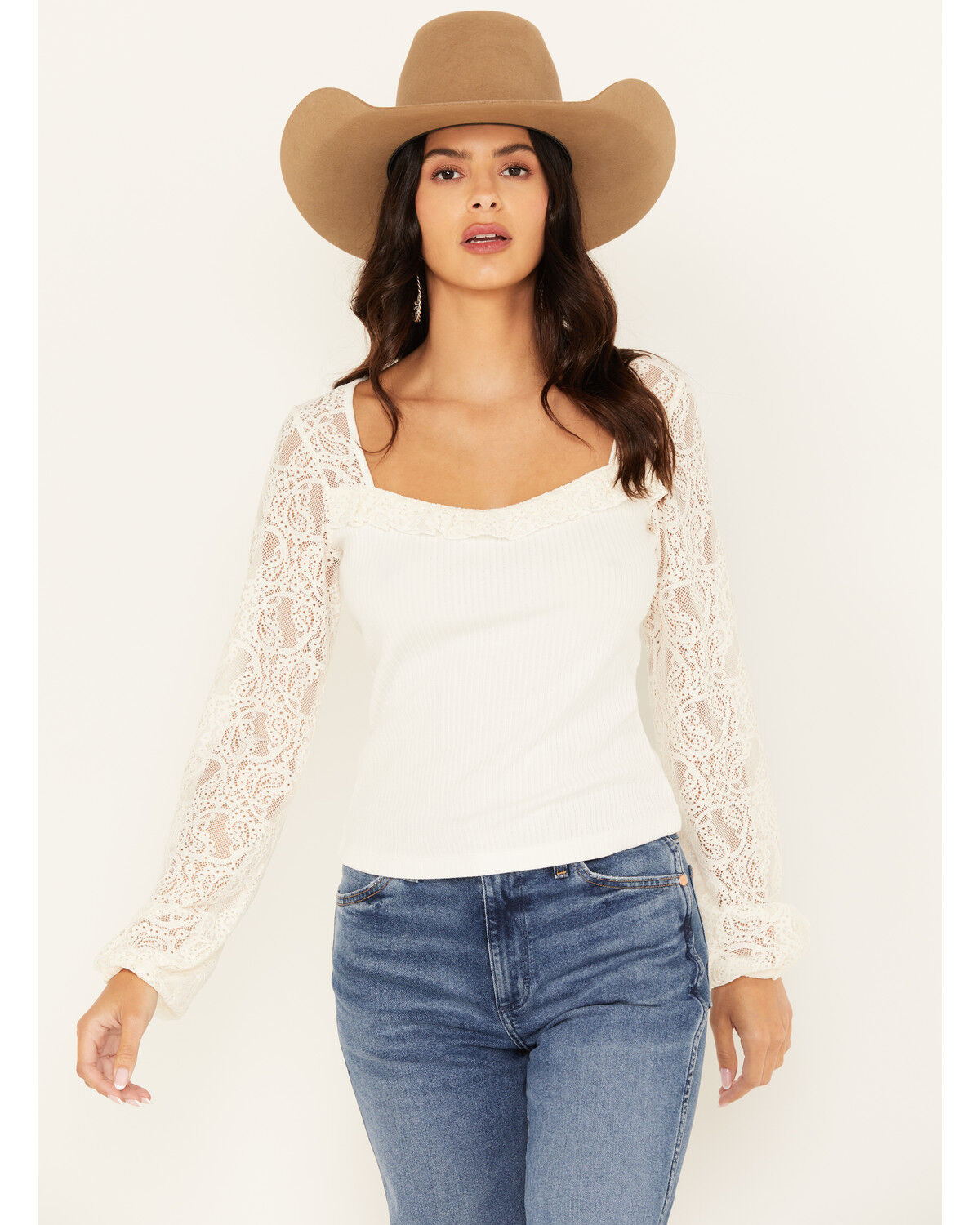 Shyanne Women's Lace Sleeve Rib Long Sleeve Top