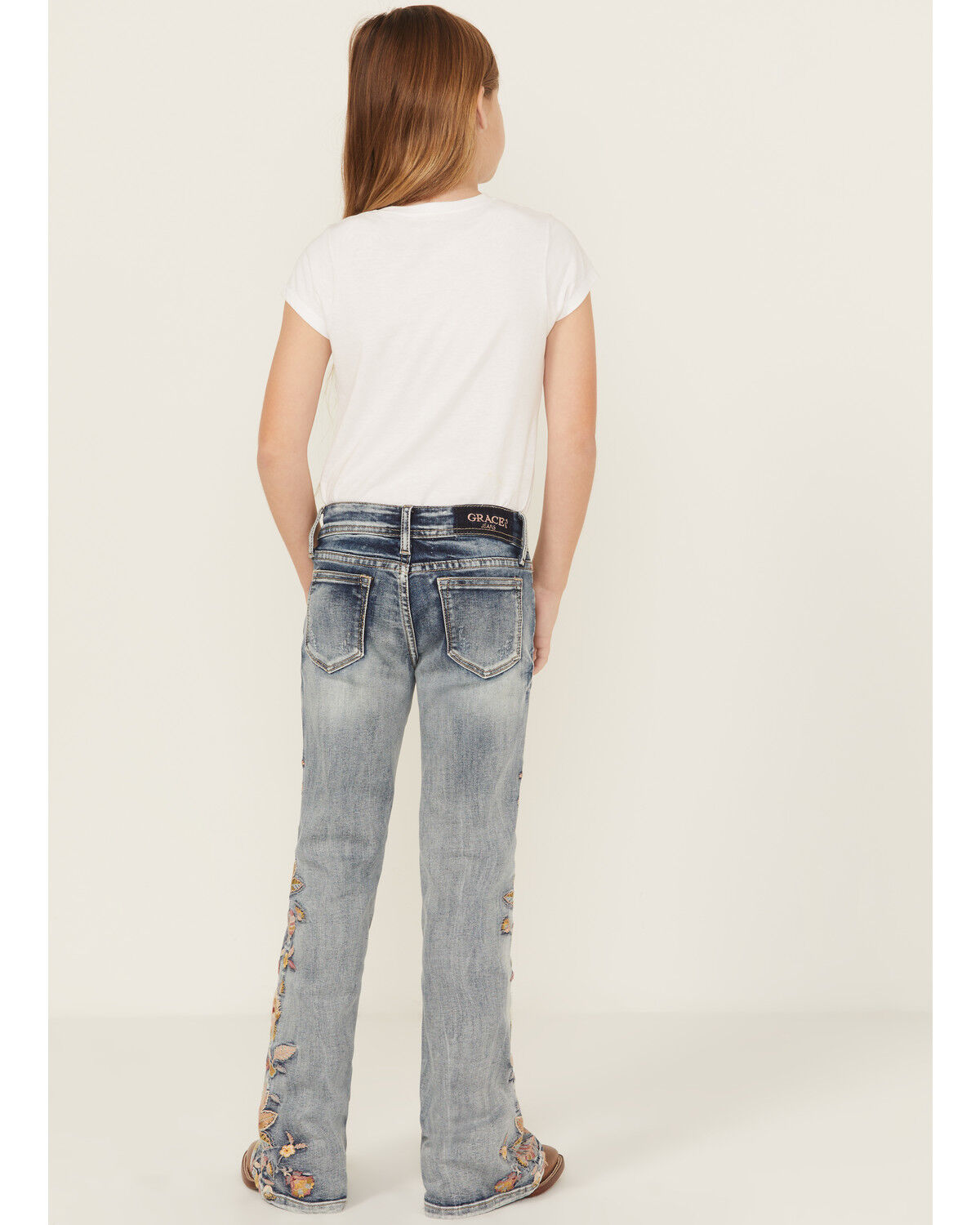 Grace in LA Girls' Light Wash Floral Embroidered Flare Denim Jeans