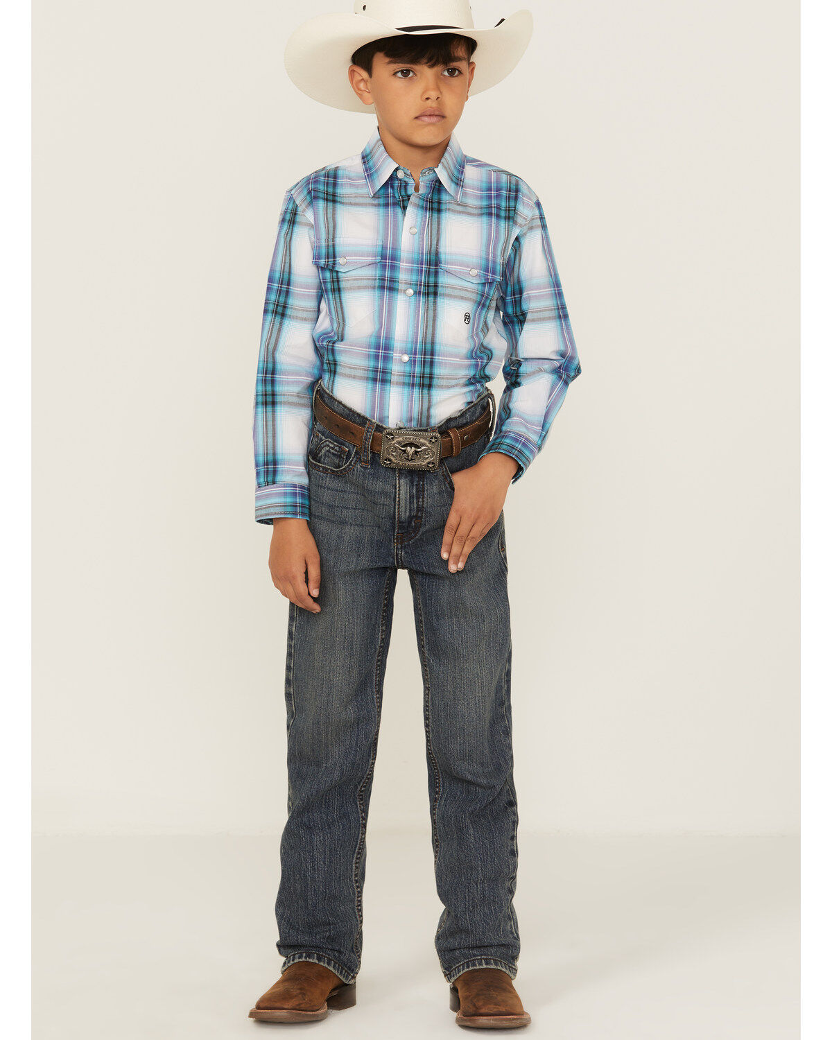 Roper Boys' Plaid Print Long Sleeve Pearl Snap Western Shirt