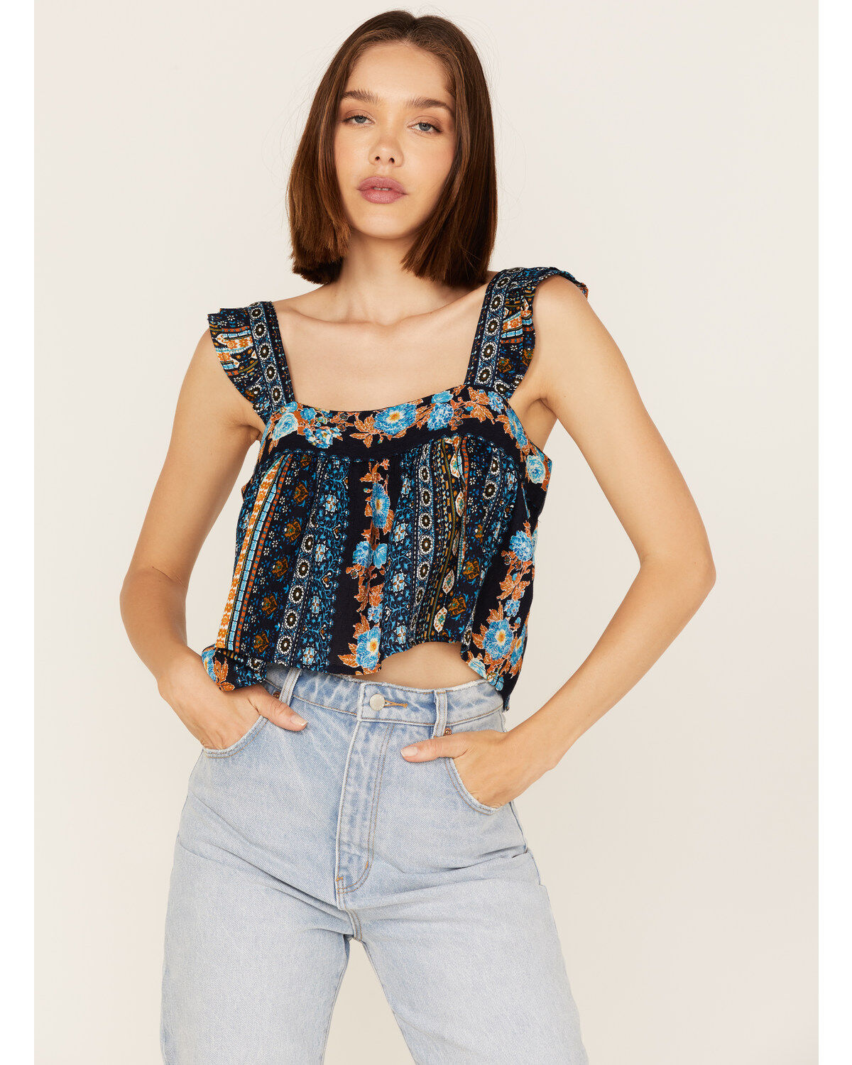Band of the Free Women's Sleepless Nights Stripe Floral Print Ruffle Sleeveless Top